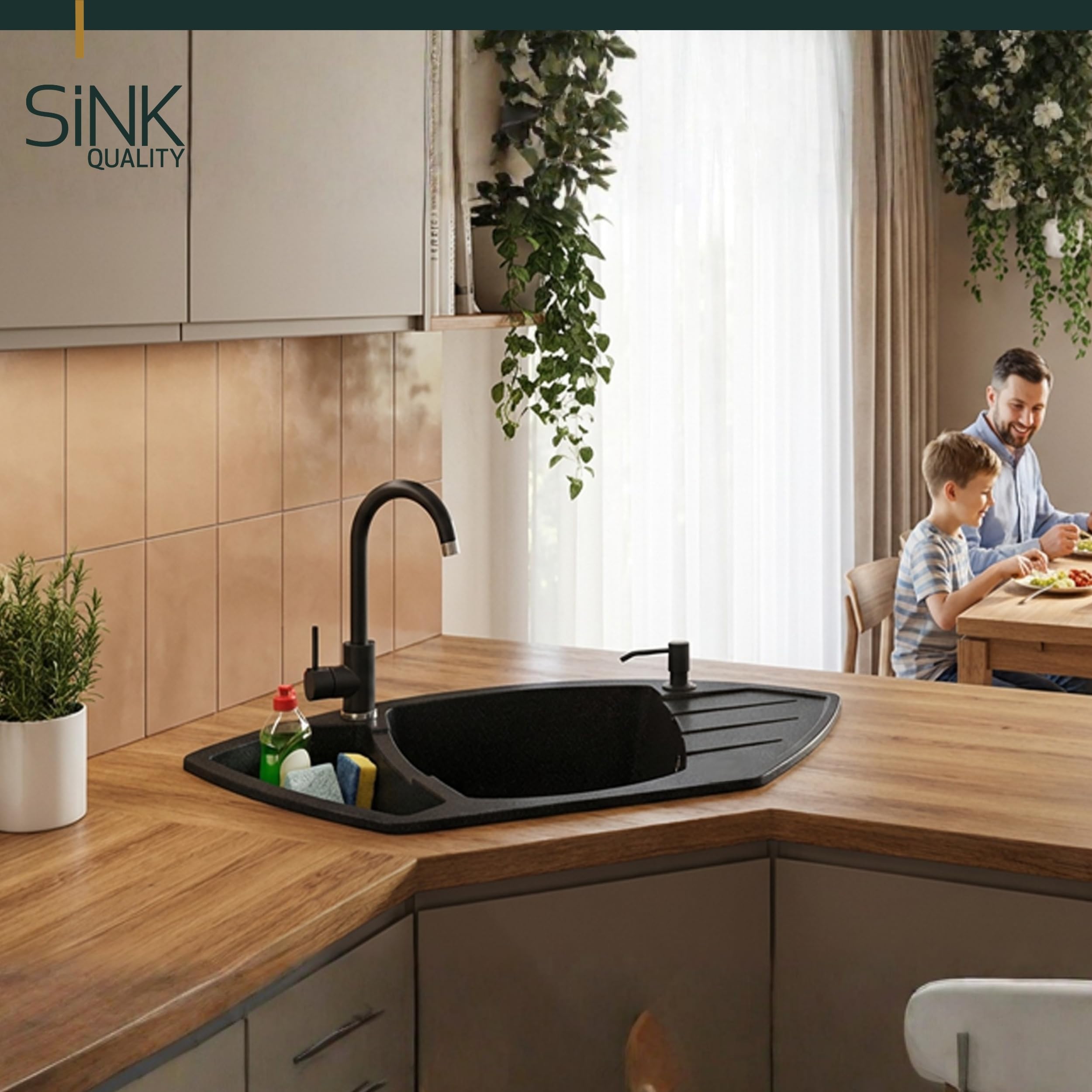 SINK Quality Eckspüle aus Granit 90x54 cm - Graphit – 1,5 Becken Einbauspüle mit Restebecken, Robust & Kratzfest, Inkl. Siphon & Imprägnierung, Küchenspüle ab 70 cm Unterschrank