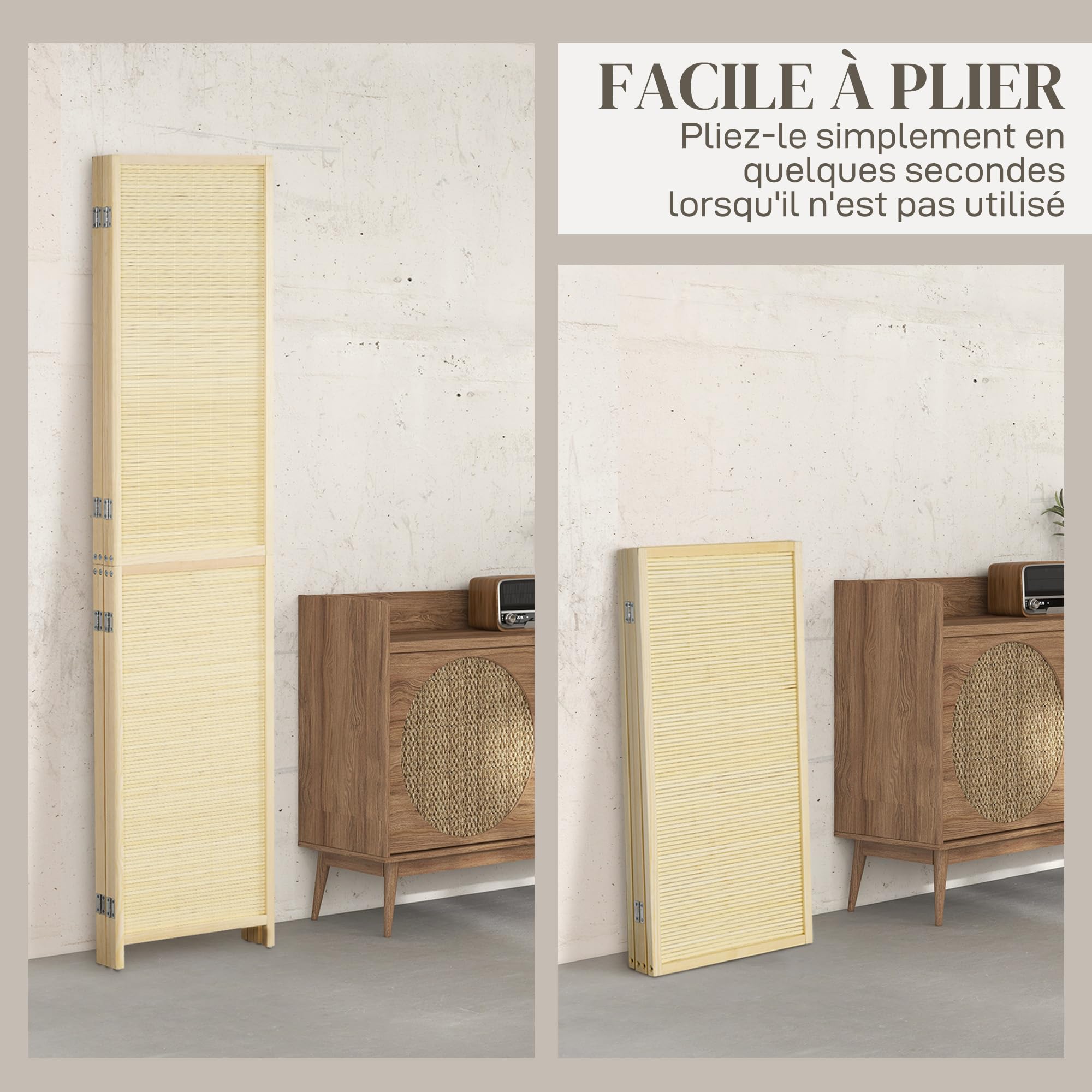 Box & Beyond Paravent D'Intérieur - 160 X 180 Cm - Séparateur De Pièce En Bambou Naturel - 4 Panneaux - Pour Chambre, Salon - Cloison Amovible