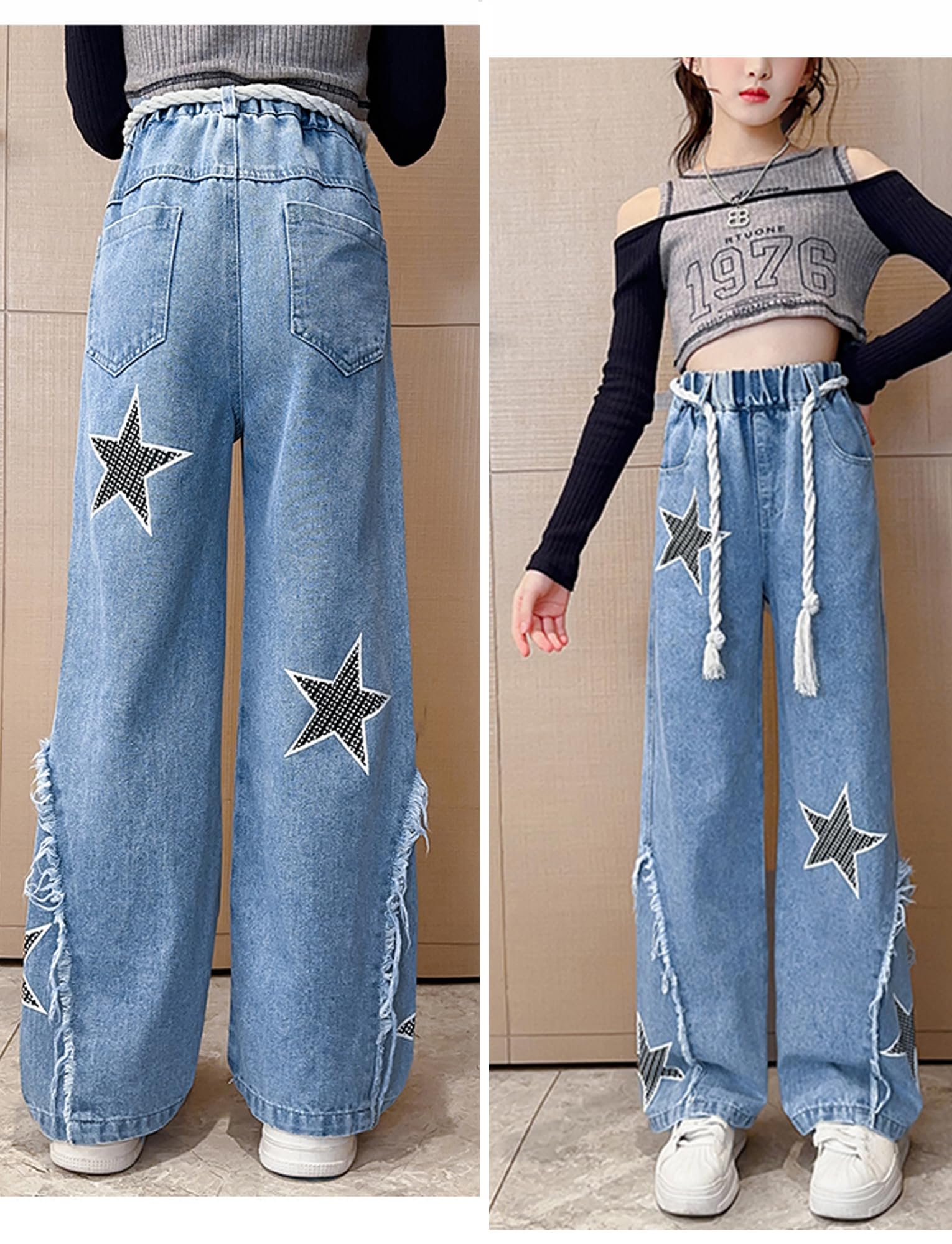 Happy Cherry Jeans da ragazza a gamba larga dritta svasata in denim per tutte le stagioni 5-15 anni