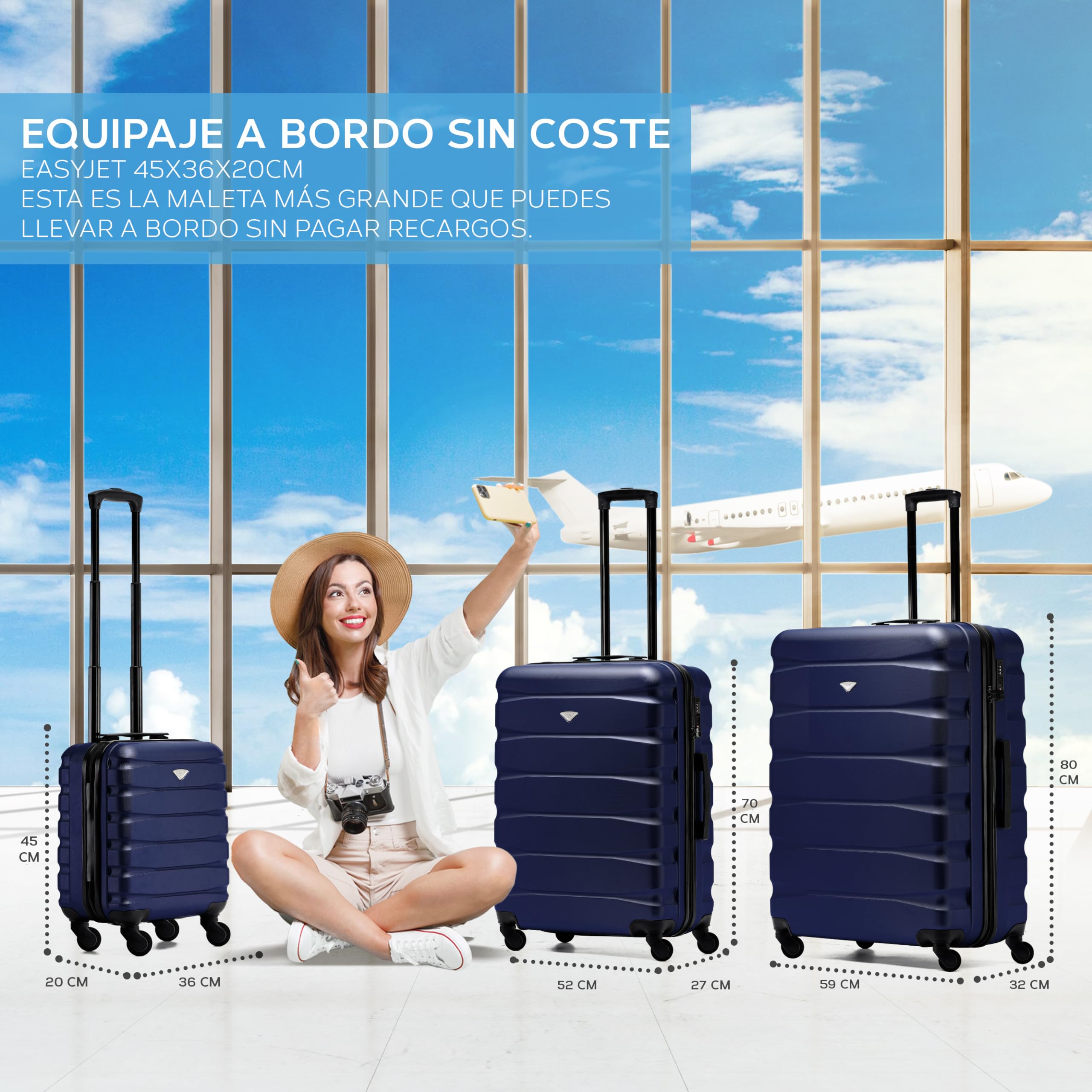 Flight Knight Maletas Rigidas ABS Ligeras de 4 Ruedas, Equipaje de Cabina y de Bodega Aprobadas Por Mas de 100 Aerolineas Como easyJet, British Airways, RyanAir, Virgin Atlantic, Emirates y Muchas Mas