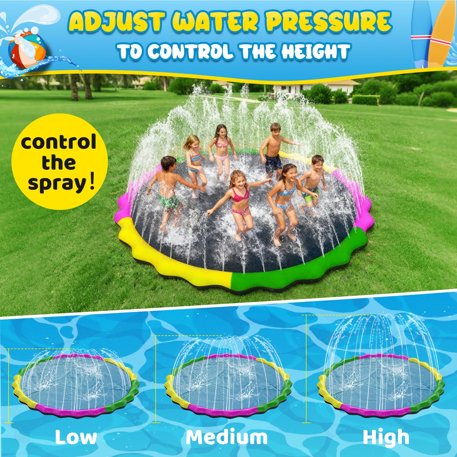 Almohadilla antideslizante extra grande de 130 pulgadas para niños y perros, almohadilla de aspersor de agua al aire libre de 11 pies, PVC resistente al desgarro de 0.5 mm de grosor, juguete
