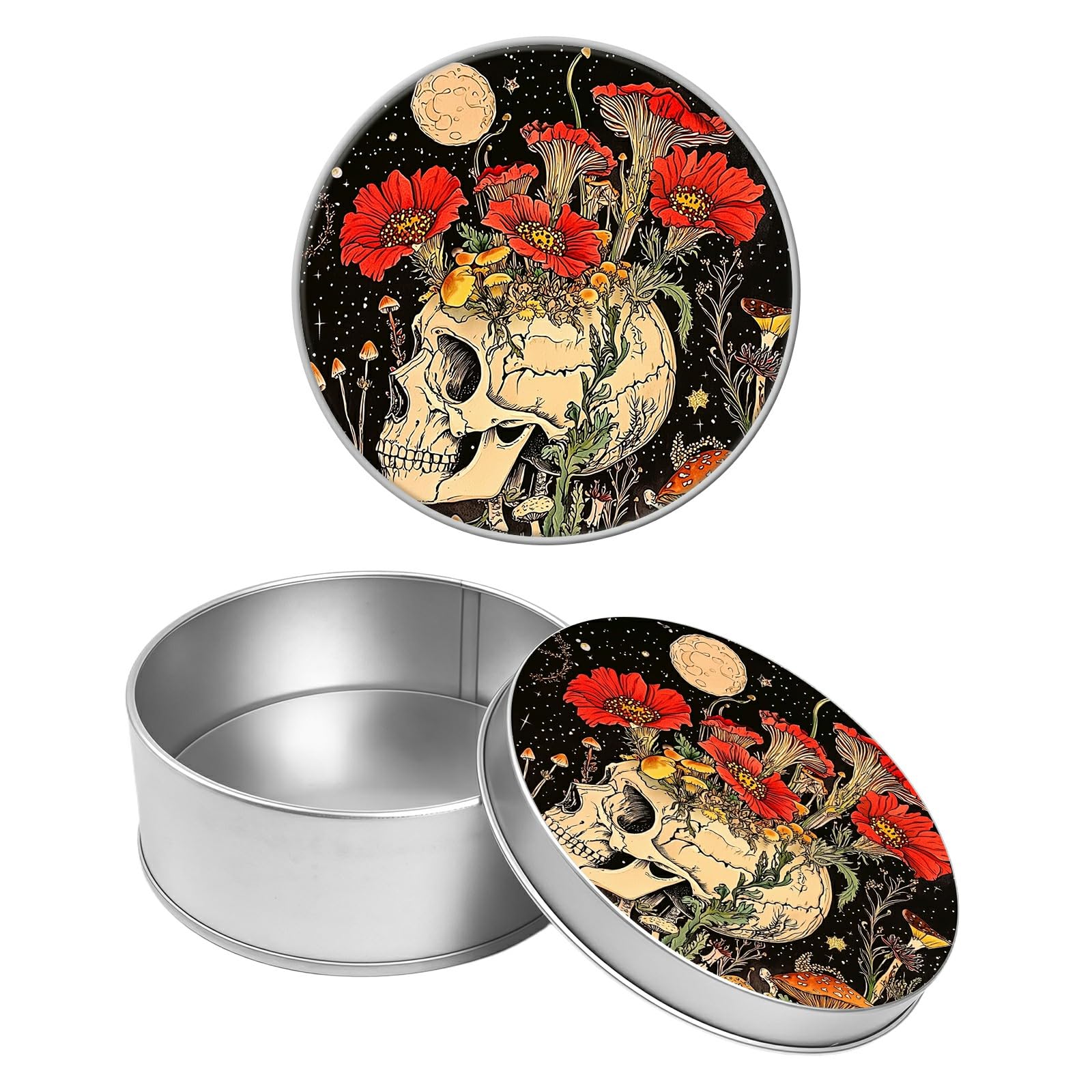 Round Metal Tin Container with Removable Lid, Mushroom Skull Durable Metal Storage Box for Crafts Snacks Candies Office Supplies Small Items 3.54 x 1.38 inch– Single Pack