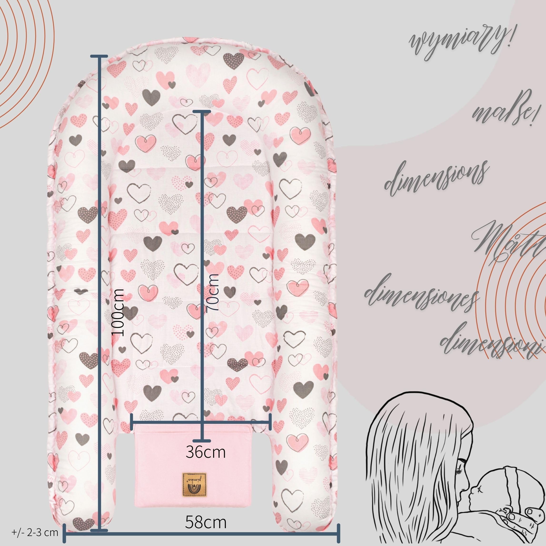 Nid de bébé 2 côtés - Nid cocon pour bébé - Hypoallergénique - 90 x 55 cm - Coton et velours - Cœurs roses avec rabat