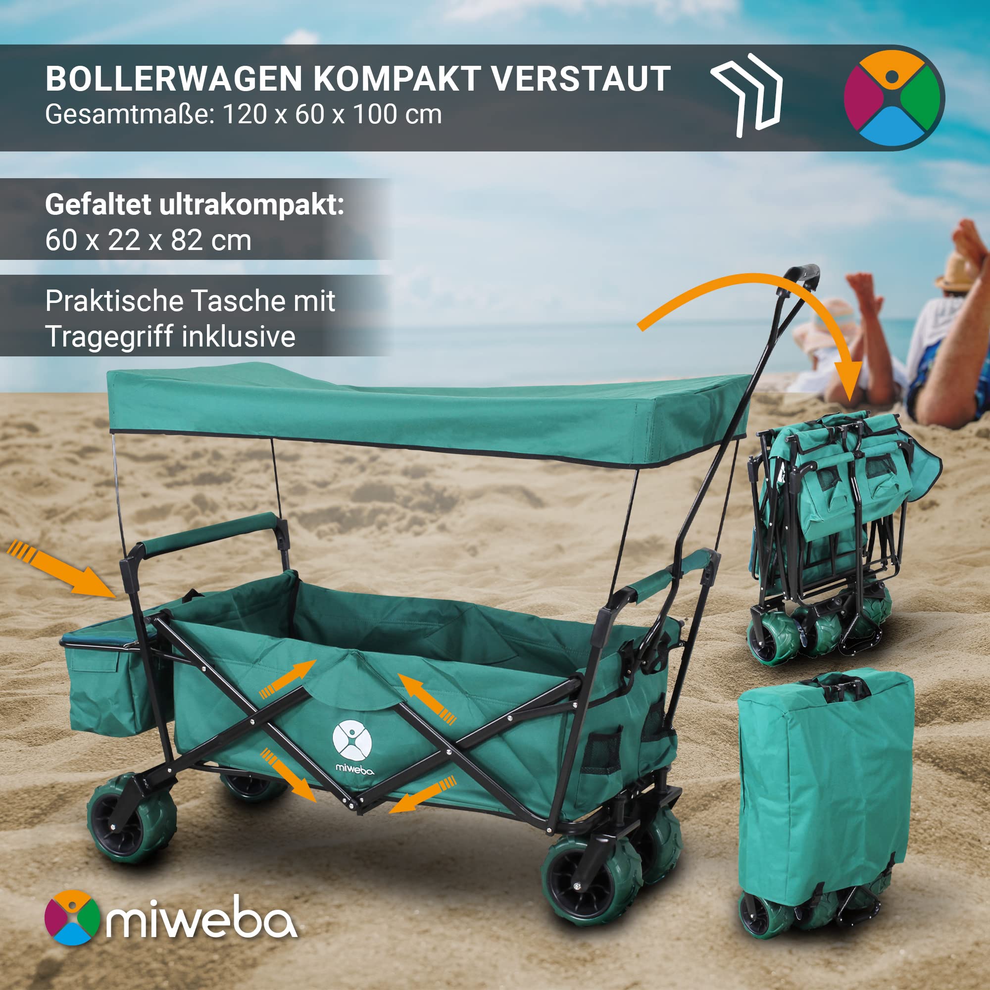 Miweba Bollerwagen faltbar MB-10 | Traglast 100 kg - Kinderwagen mit Dach - Handwagen faltbar - Transportwagen für Kinder - Wagen klappbar - Strandwagen - Gartenwagen - Faltwagen (Hellgrau/Dunkelgrau)