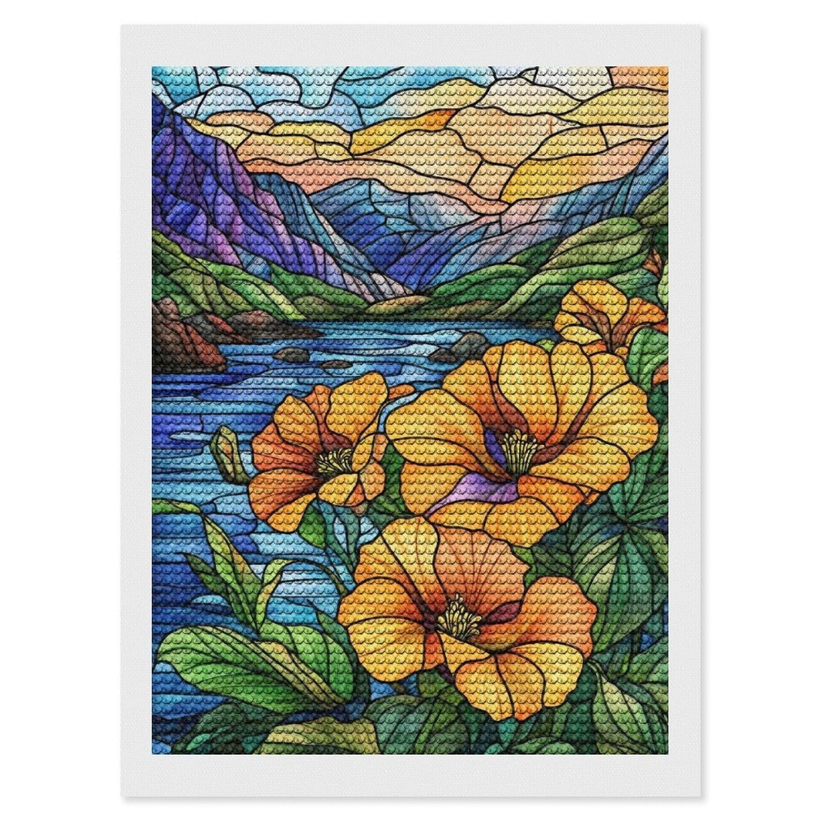 Junmoney Stained Glass Mountain Lake Diamond Painting Kit 12"x16", Thoughtful Handmade Gift, for Creative Relaxation, Printed Canvas, Cosy Home Accent