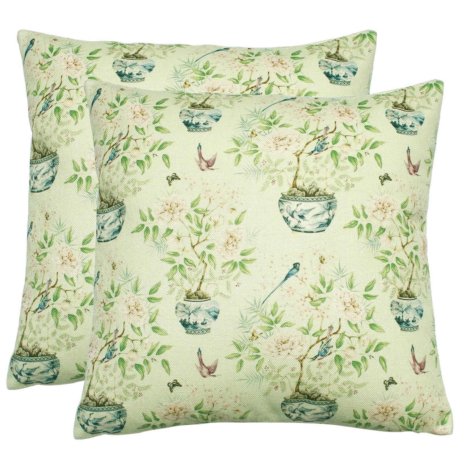 YIVYI Vintage Farmhouse Throw Pillow Covers 18x18 (Set of 2) - Floral with Potted Plants on Seafoam Green- Heavy Duty Textured Faux Linen for Modern