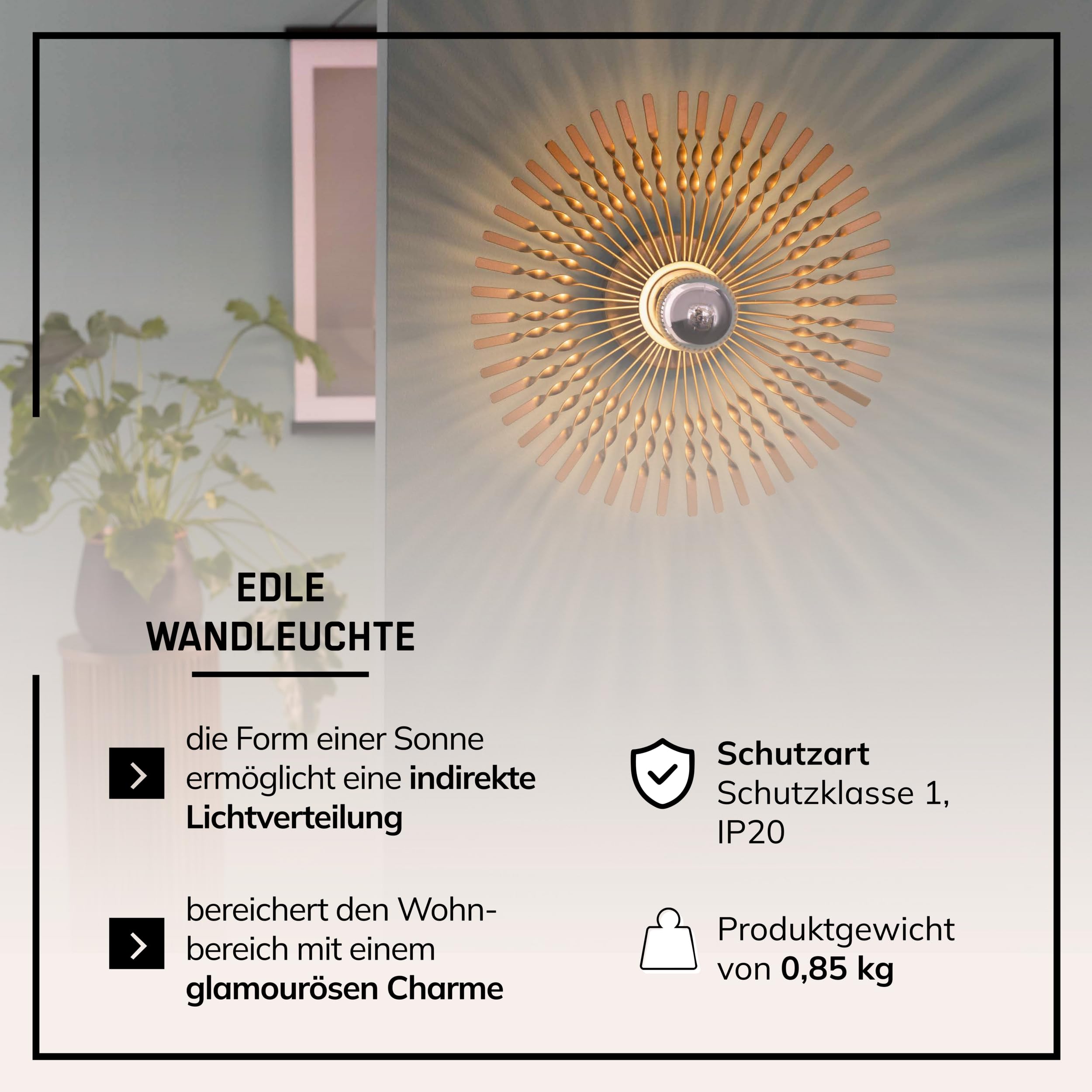Lightbox Wandleuchte Ø 33 cm Gold - dekorative Wandlampe mit spektakulärem Lichteffekt - E27 Fassung, max. 52 W - exkl. LED