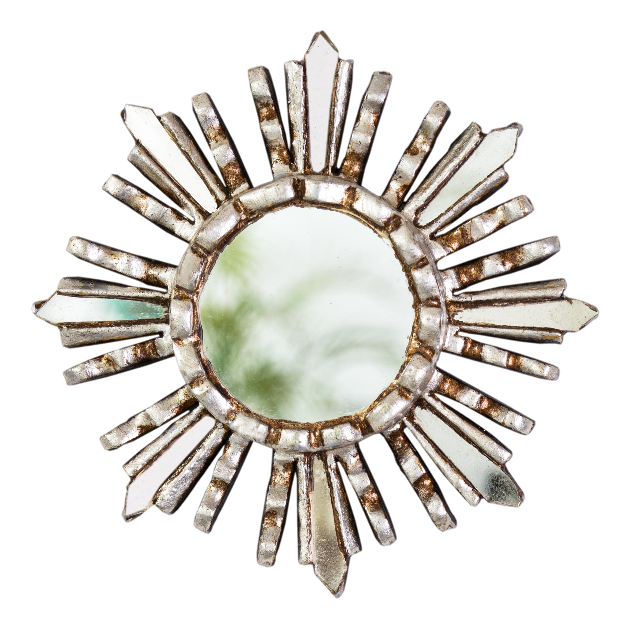 Small Sunburst Wall Mirror 6"- Peruvian Hand-Carved Wood Round Mirror for Wall Room Decor, Decorative Accent Sunburst Mirror (Silver)