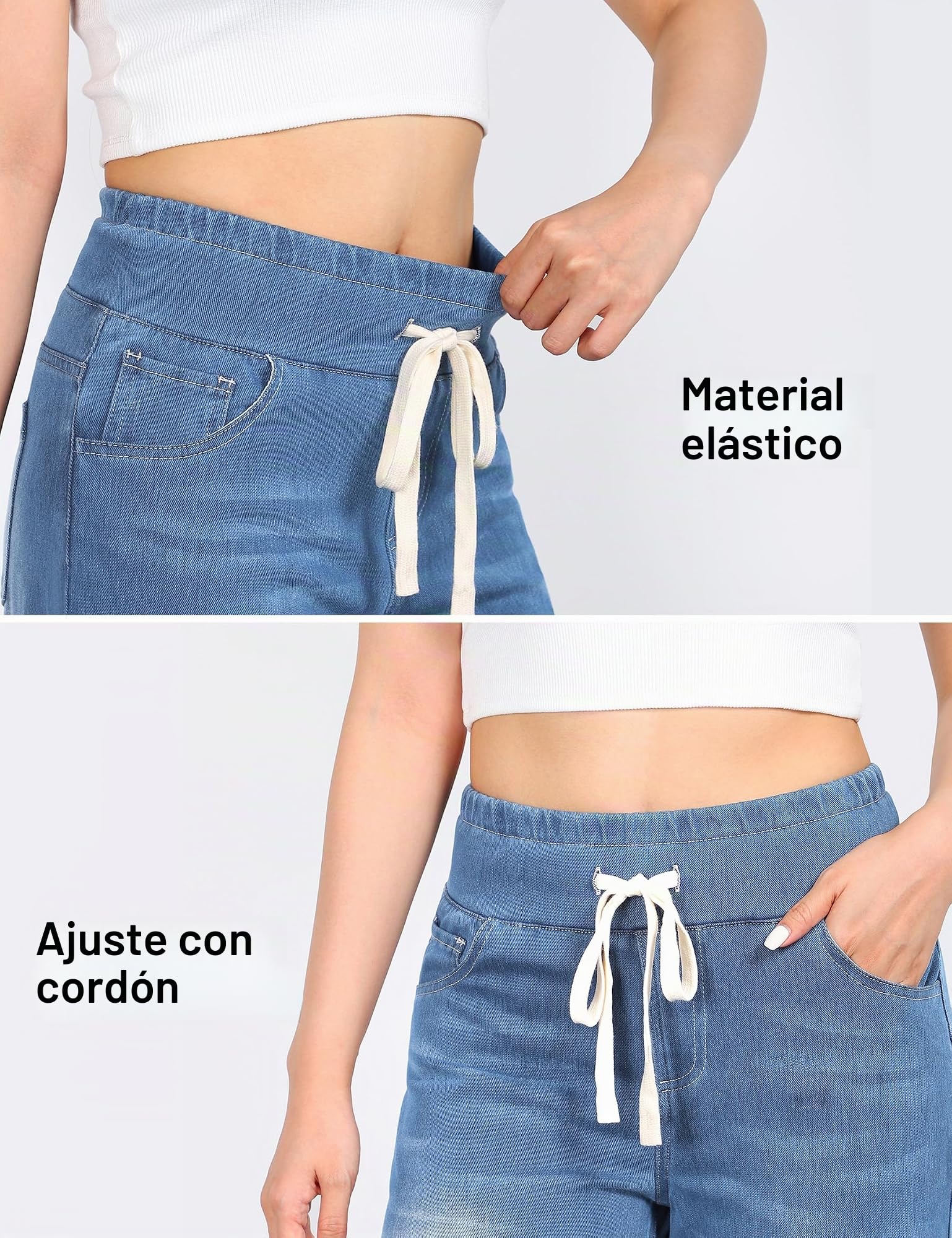 Pantalones Vaqueros Mujer Tiro Alto Pierna Ancha Jeans Elástico con Cintura Ajustable y Cordón,Pantalones Anchos Cómodos con Bolsillos para Diario, Oficina y Moda Casual