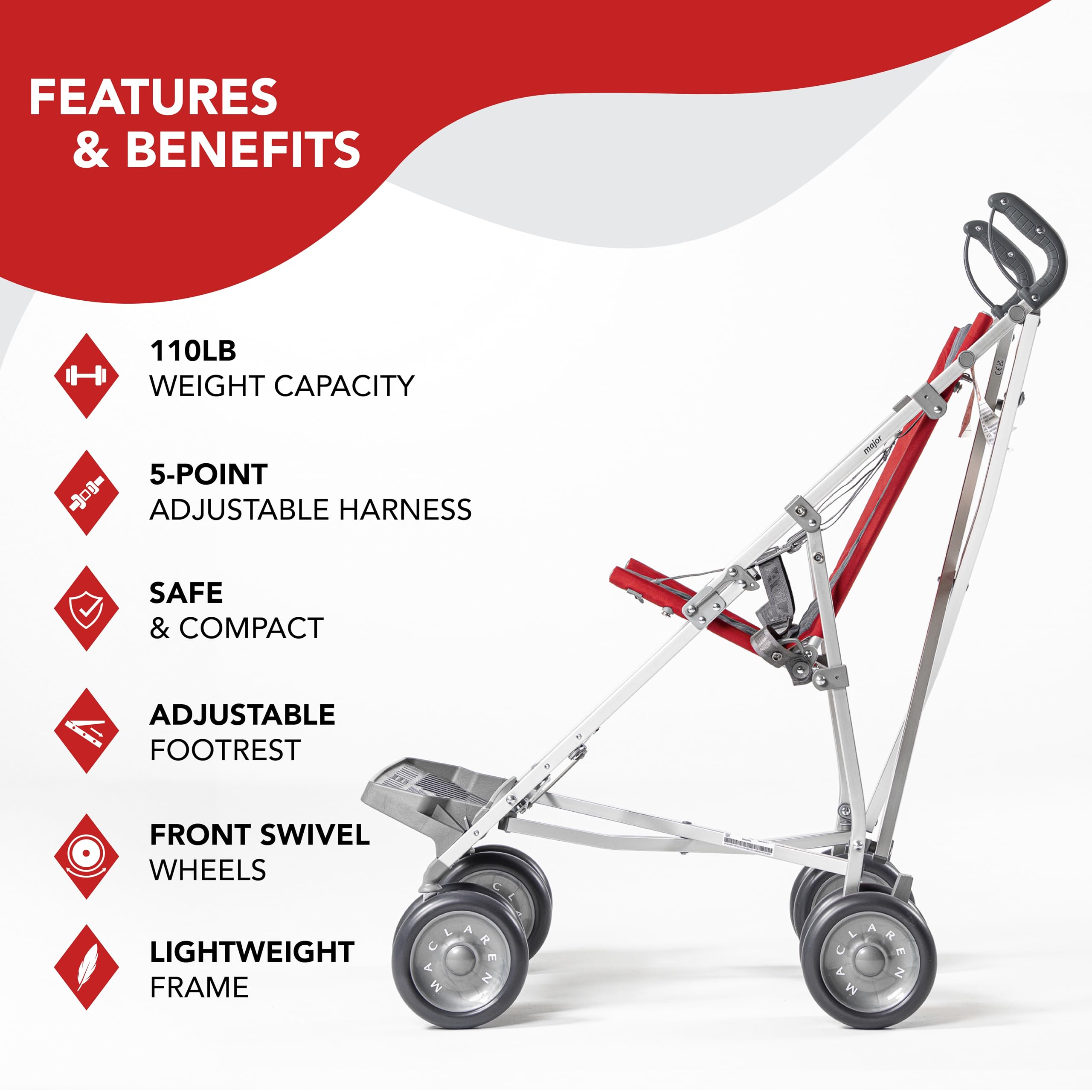 Passeggino per disabili Maclaren Major Elite fino a 50 kg Chiusura a ombrello Rosso Cardinale