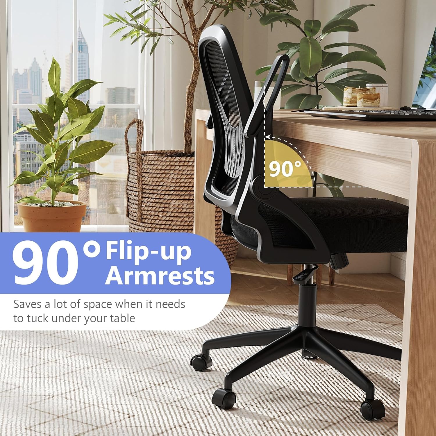 Giantex Mesh Office Chair, Ergonomic Desk Chair with Flip-up Arms & Lumbar Support, Height Adjustable Swivel Computer Desk with High Back for Home Office (Black)