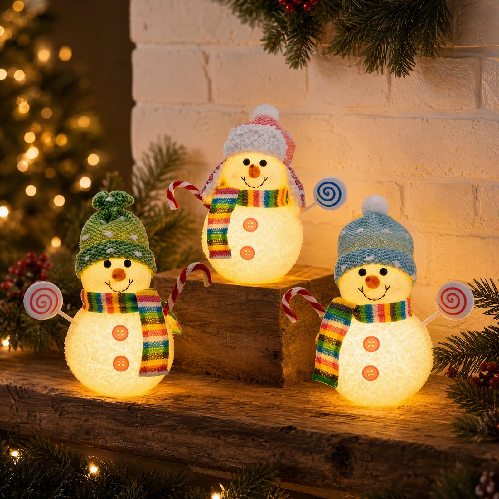 Juego de 3 figuras de muñeco de nieve LED para decoración navideña