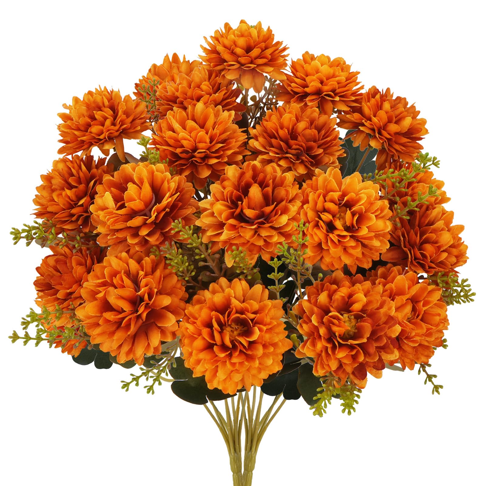 2Pcs Autumn Artificial Flowers Orange Artificial Chrysanthemums Ball Flowers 18 Heads Autumn Decorations Fake Hydrangea Fall Silk Flowers Bouquet Faux Autumn Flowers for Grave Wedding Table Home Decor