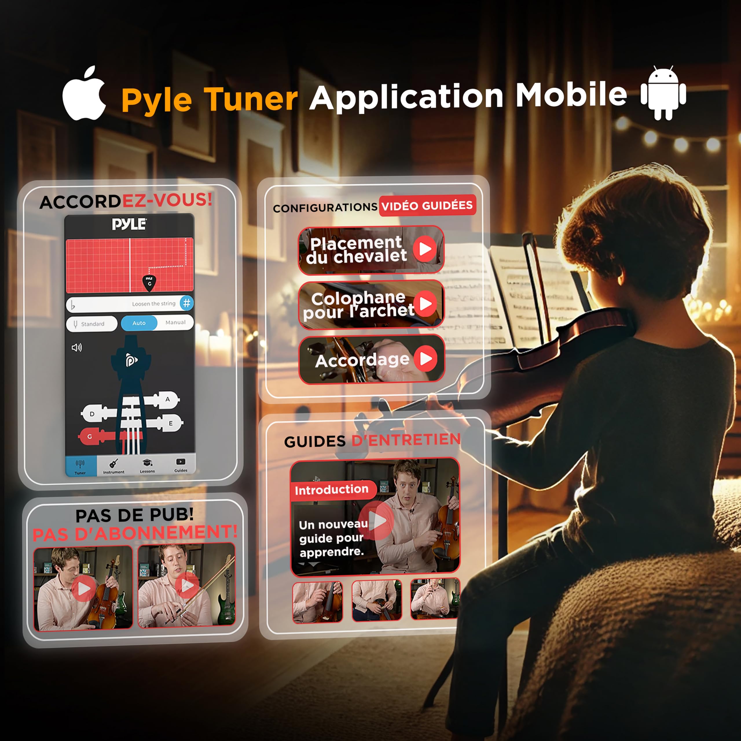 Pyle Kit de Démarrage pour Violon Débutant Taille1/2, Violon Enfant/Adulte,Ensemble de Départ avec Étui de Transport, Cordes de Rechange, Accordeur Numérique, Repose-Épaule et Chiffon de Nettoyage