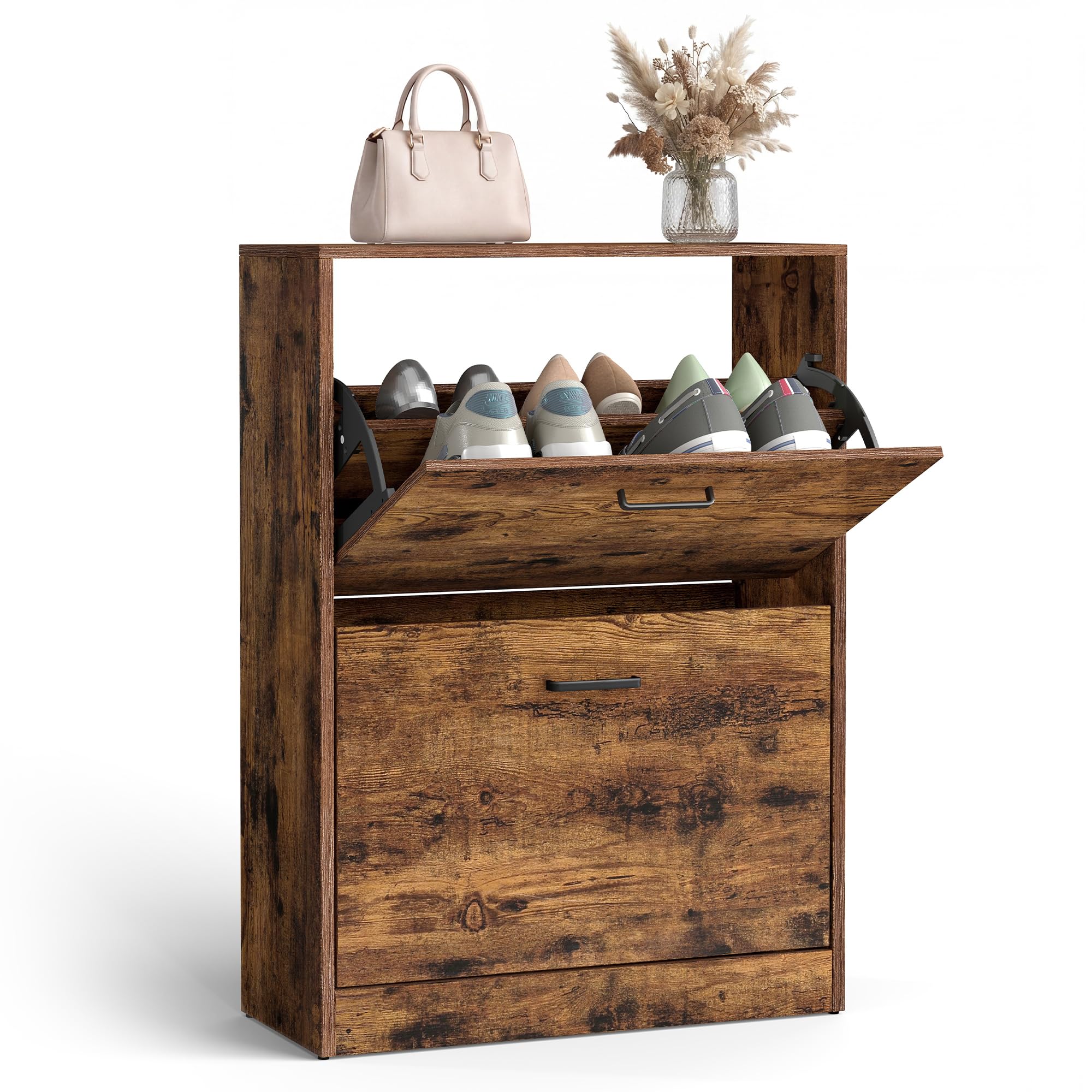 VASAGLE Shoe Storage Cabinet With 2 Flip Drawers, Slim Shoe Cupboard with Doors, 2-Tier Shoe Cabinet 60 x 24 x 83.5 cm, Space Saving Narrow Hallway Storage, Rustic Brown, Custos Collection LBC02BX