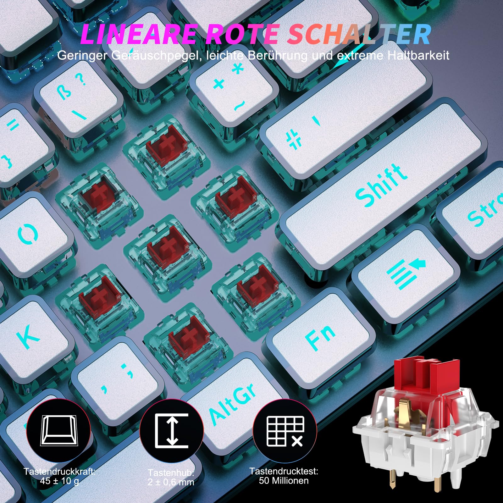 TECURS Tastiera meccanica da gioco, programmabile, con poggiapolsi magnetico, interruttore rosso, 19 modalità LED, tasti multimediali, PC con cavo, layout QWERTZ DE, bianco