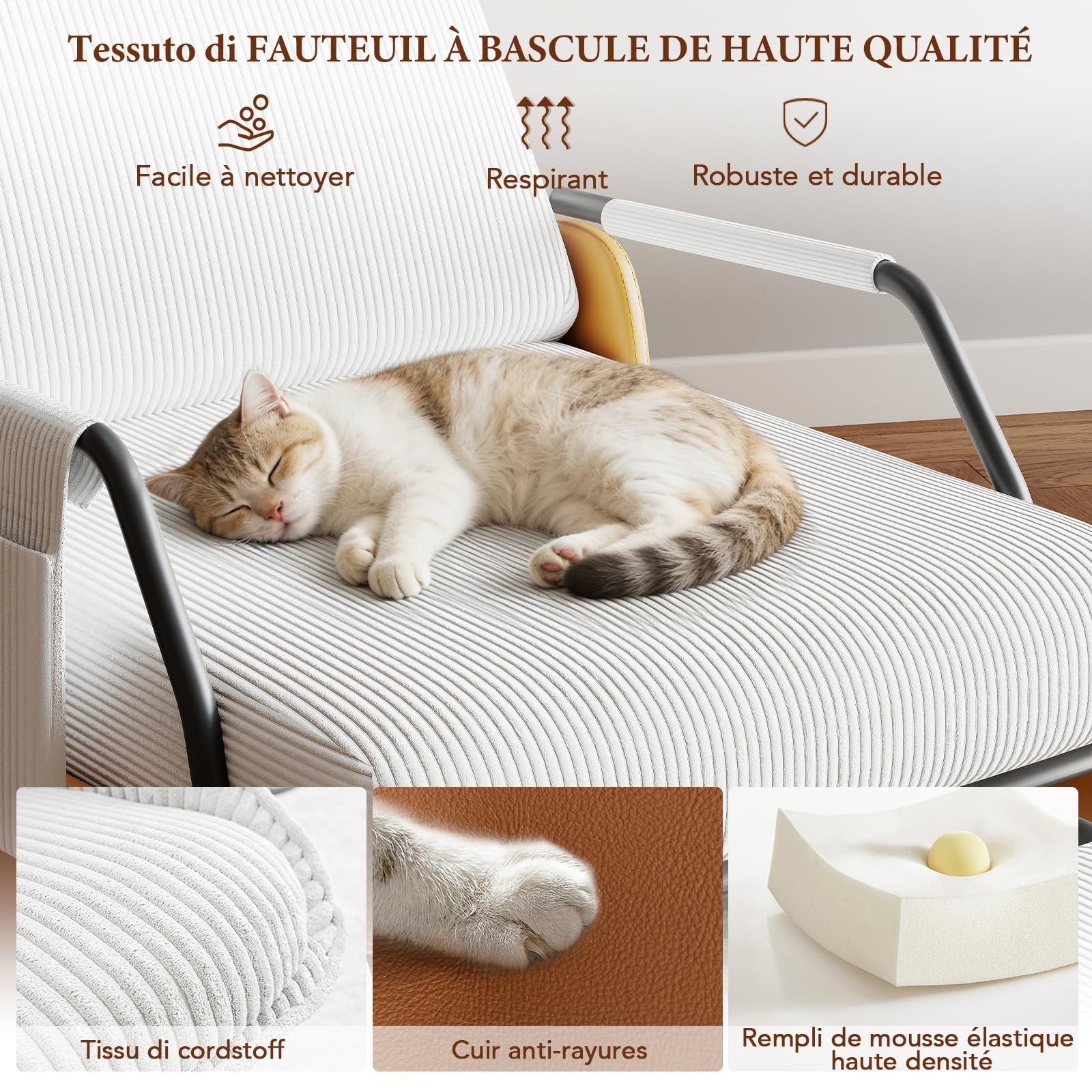 Fauteuil à Bascule avec Repose-Pieds, Fauteuil Allaitement avec Poches Latérales, Rocking Chair Inclinable Rembourré avec Dossier Réglable pour Salon et Chambre, Blanc