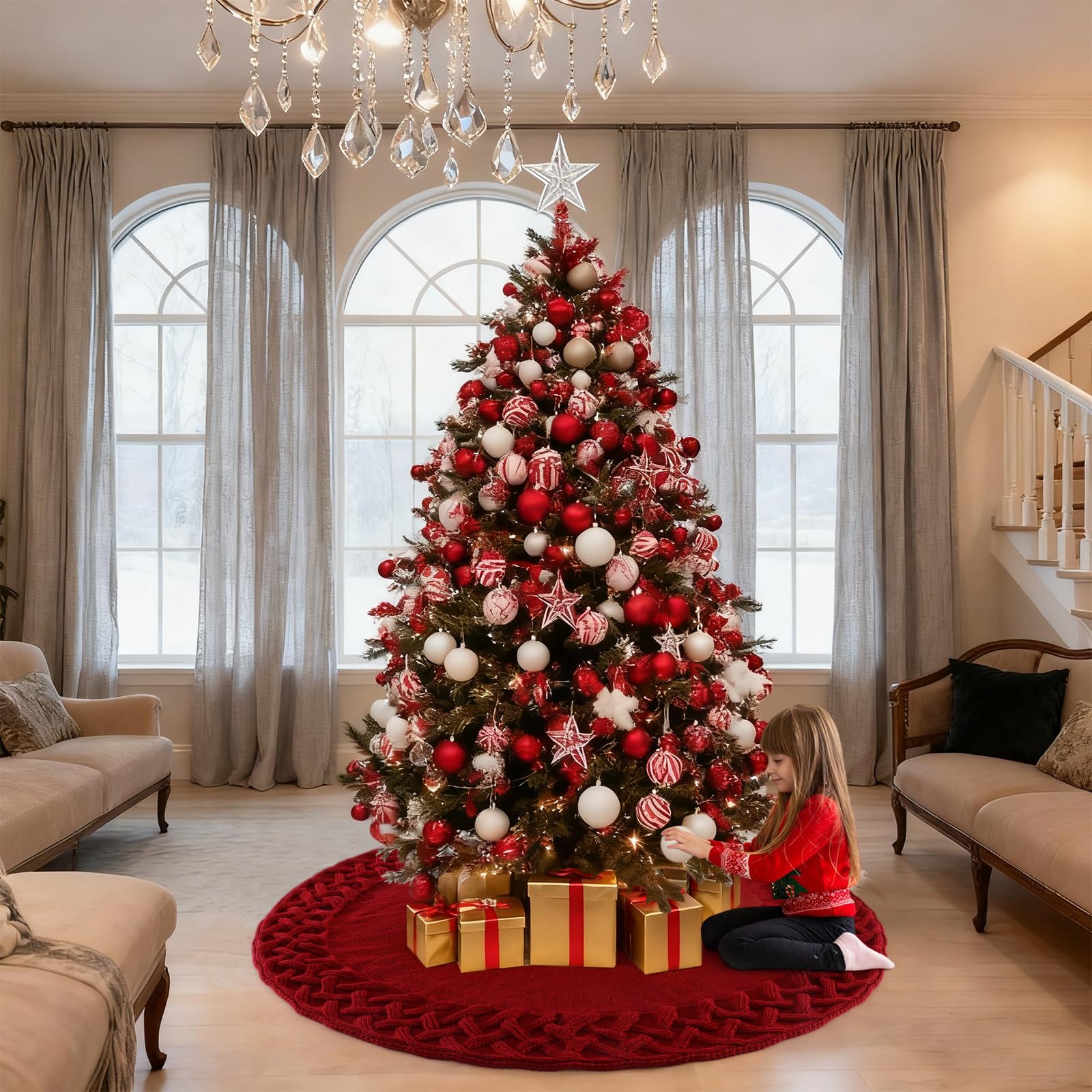 Dremisland Große Weihnachtsbaum Decke Rock 122cm Rot Gestrickter Weihnachtsbaumdecke Tannenbaum Teppich Christbaumständer Runde Christbaumdecke Rock Matte Baumdecke Christbaumschmuck Weihnachtsdeko