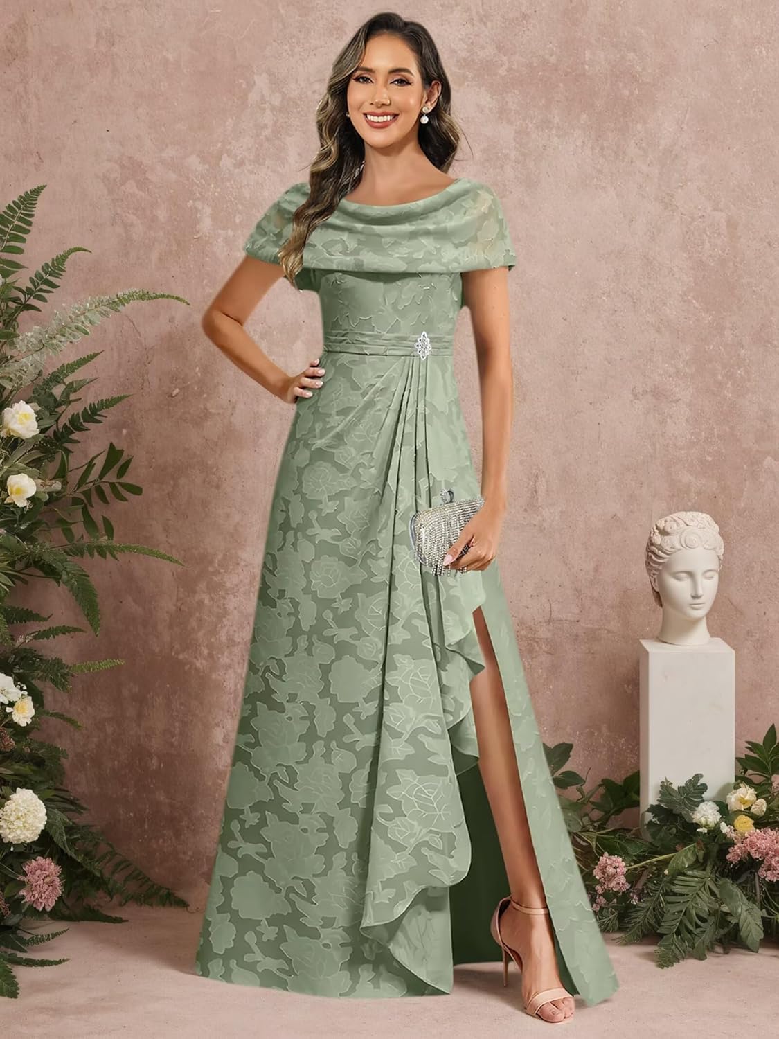 Jacquard Chiffon Mother of The Bride Dresses for Wedding Cape Sleeve Ruffles Beaded Long Evening Gown with Slit