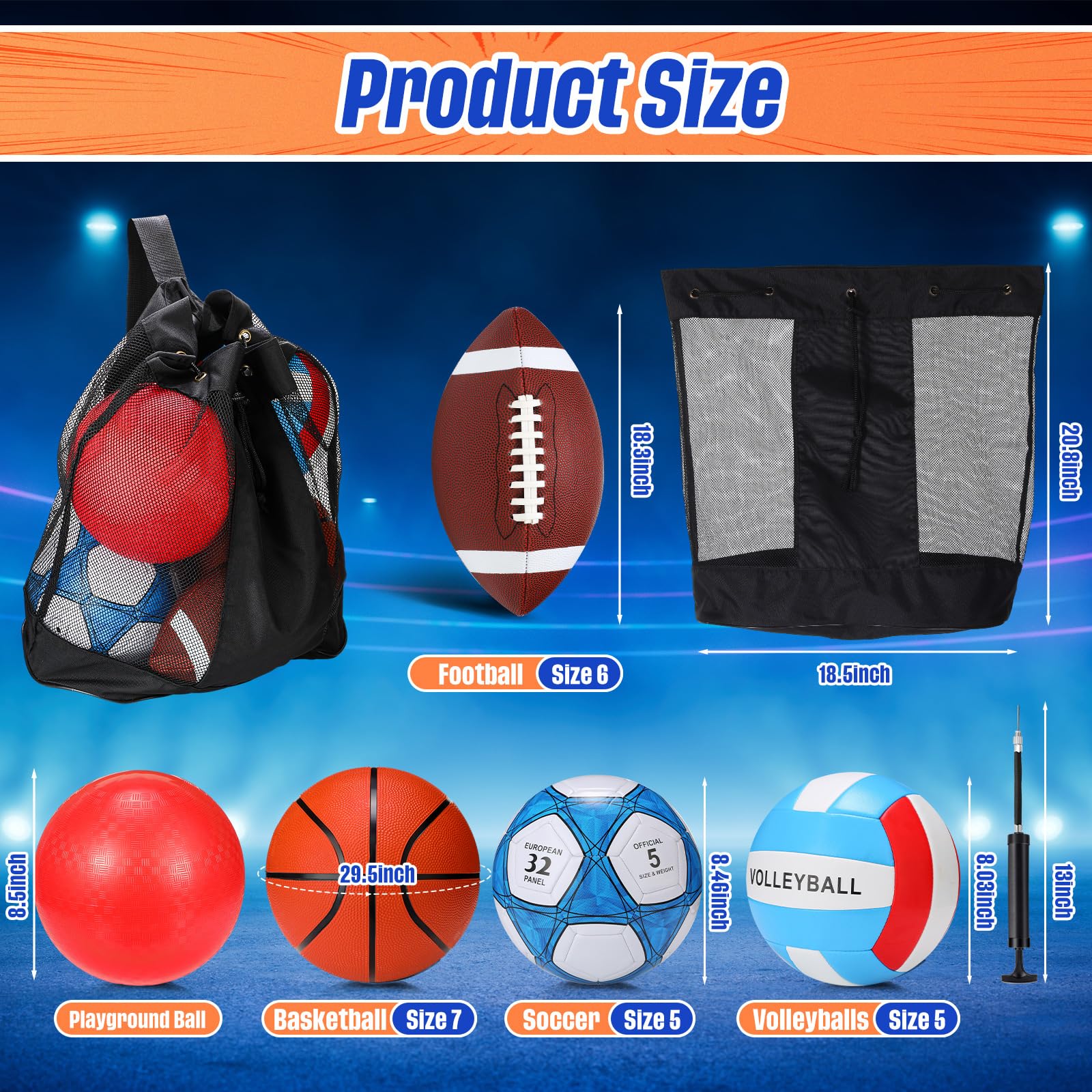 Jenaai 5 Set of Sport Balls, Assorted Official Size Athletic Balls Include Basketball Football Soccer Volleyball Playground Ball with Bags and Pumps, Sports Balls Pack for Kids Toys Gift