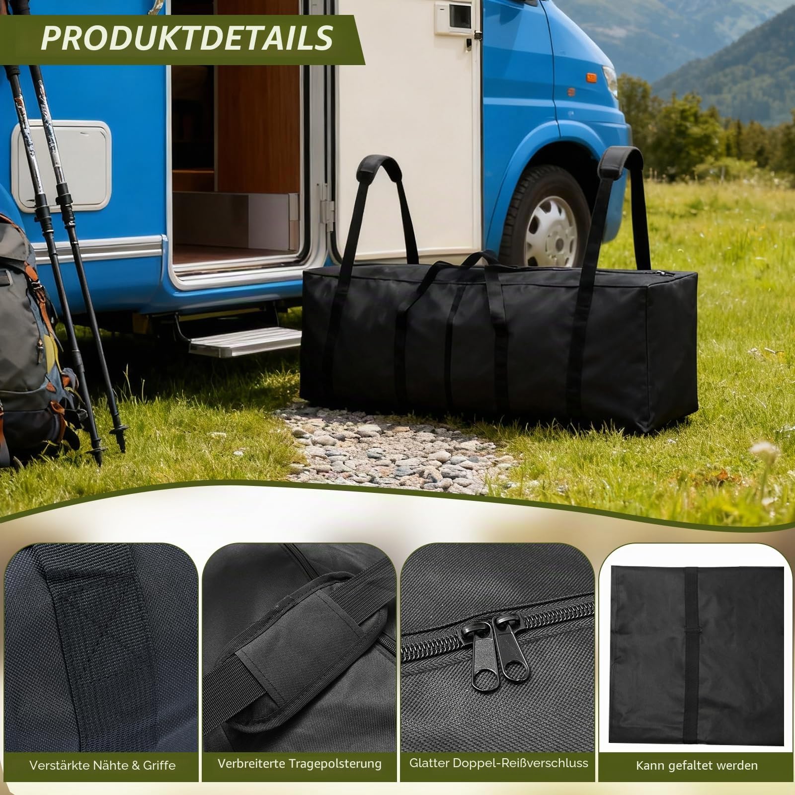 Zelttasche 210 cm, Tragbare Zeltstangentasche mit Gepolsterten Griffen & Zwei-Wege-Reißverschluss, Multifunktionale Camping Tasche, Angeltasche, Rutentasche, Stativtasche