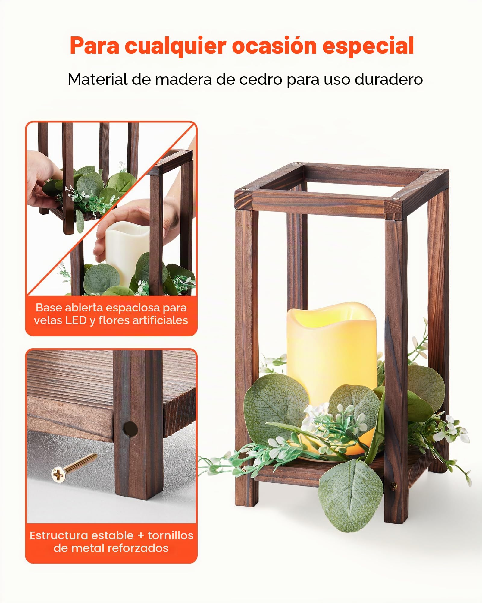 VEVOR Faroles de Madera para Bodas 12 Juegos con Velas LED y Coronas de Flores, Farolillos para Velas 140 x 140 x 254,8 mm, Candelabros para Decoración Rústica de Mesa de Boda, para Fiestas, Marrón