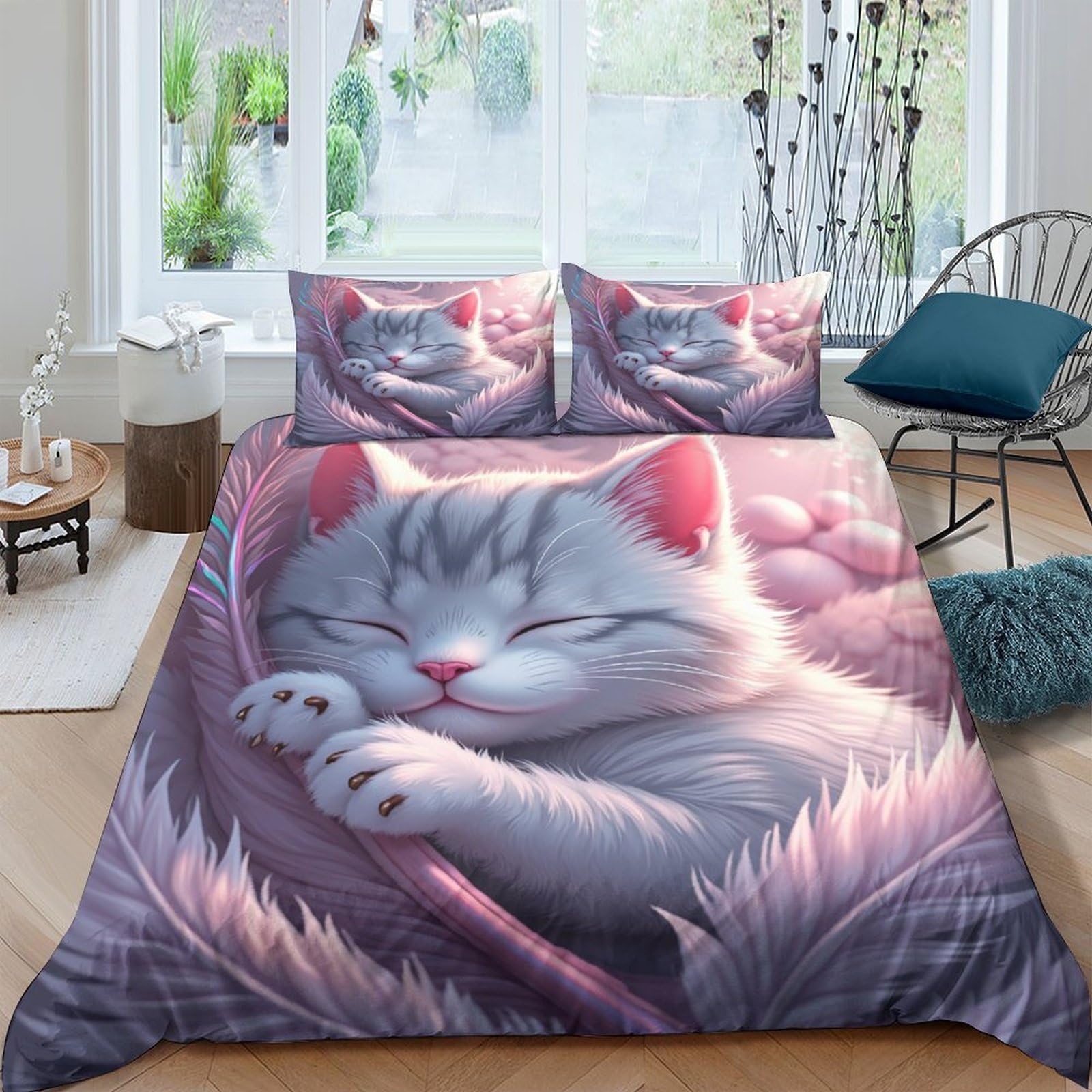 Ctjqhvkz Style-3 3D Printed Sleeping Cat Fitted Sheet Microfiber Soft Pink Cartoon Animal Bed Cover For Bedroom Guest Room Decor Single（135X200cm）