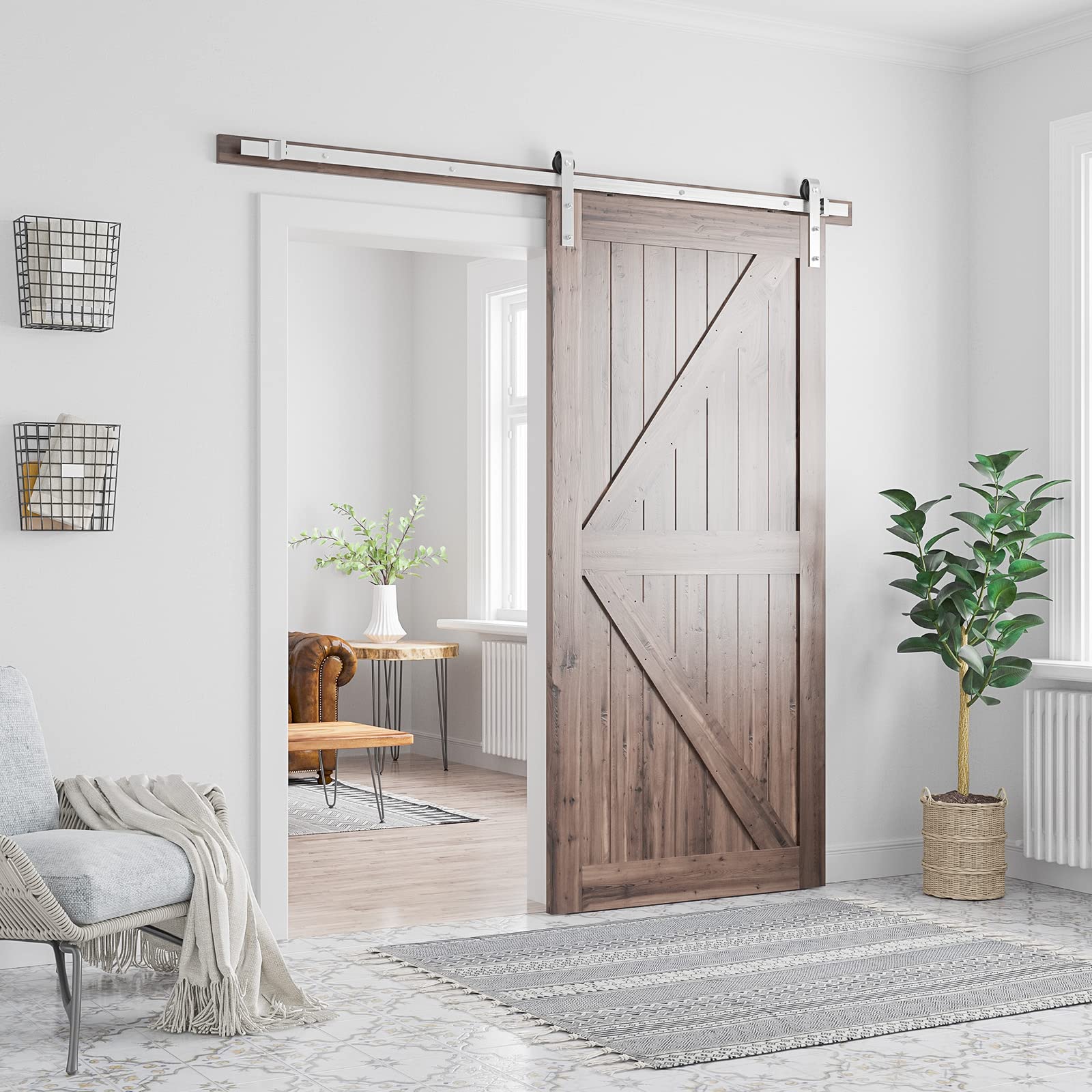 SMARTSTANDARD 7 Feet Brushed Nickel Barn Door Hardware Kit-Heavy Duty Sliding Track-Smoothly and Quietly-Easy to Install-Fit 42" Wide Door Panel (J Shape Hanger)