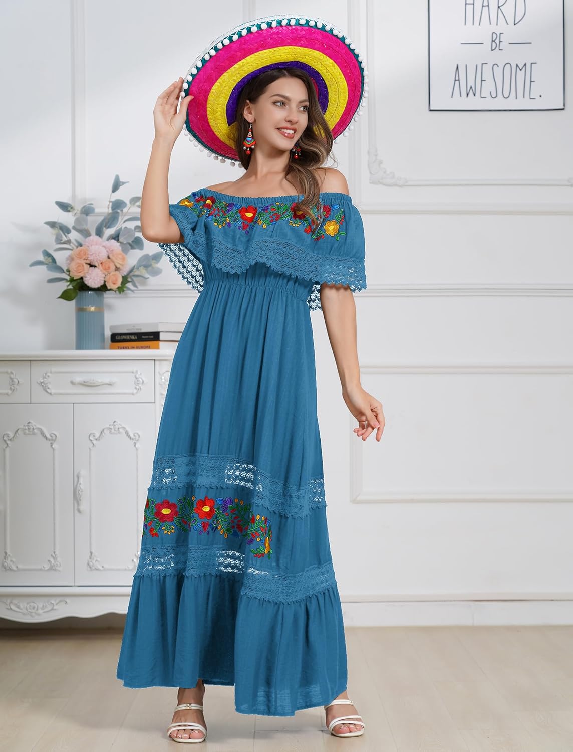 Mexican Dress for Women Traditional Off Shoulder Embroidered Present Casual Lace Long Maxi Dress Cinco de Mayo Outfit - Image 6