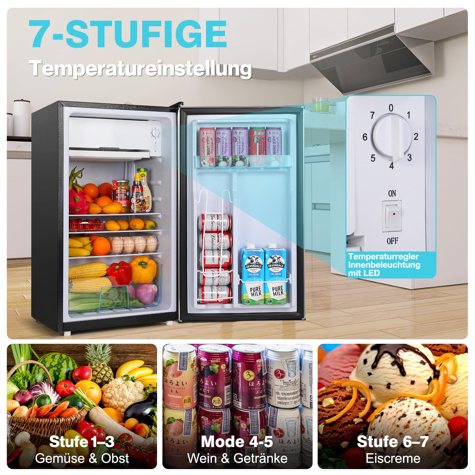 YASHE 92L Kühlschrank mit Gefrierfach, Kleiner Kühlschrank mit Gemüsefach, Mini Kühlschrank, Einbaukühlschrank, 7 Einstellbare Temperaturregelung, Energieeffizien für Büro, Zimmer, Miniküche