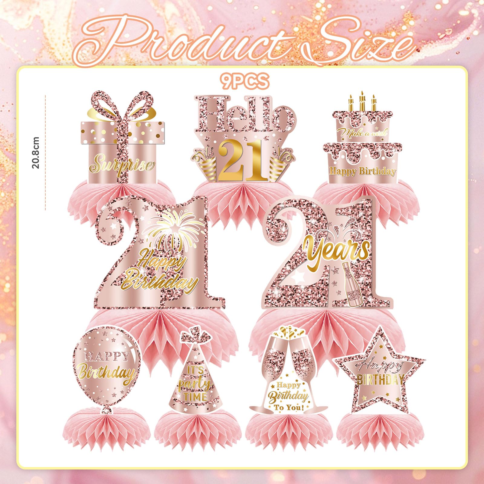 9 Pz Rosa Rosegold 21 Compleanno Alveare Centro Tavola Decorazione per Ragazze Felice 21 Compleanno Decorazione Tavola Feste Accessori Torta Diciotto Anni Decorazi