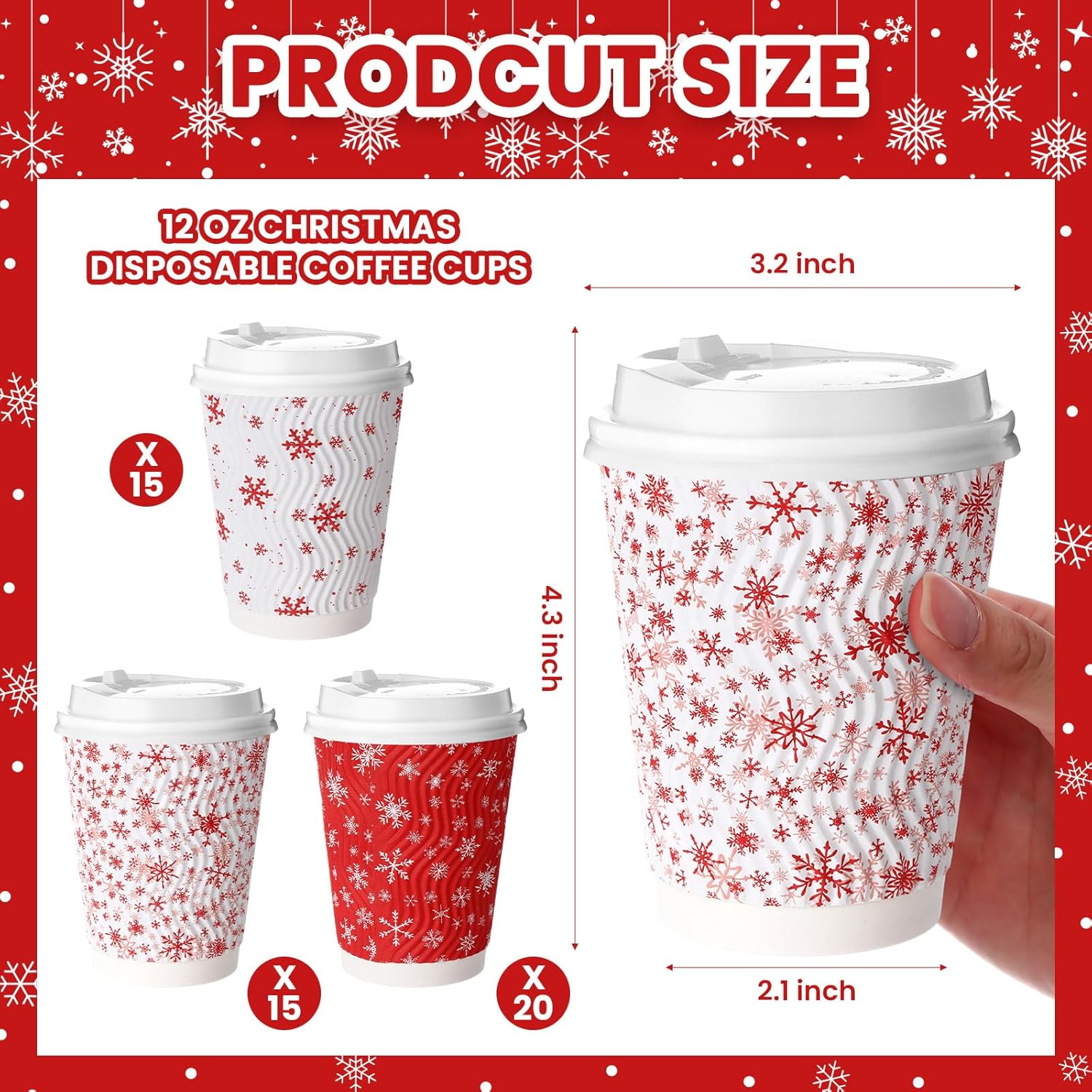 Shinymoon 50 Pack Winter Paper Coffee Cups with Lids 12 oz Snowflake Disposable Drinking Cups Insulated Corrugated Ripple Wall Drinkware for Xmas Winter Holiday Party Supplies (Red,White) - Image 2