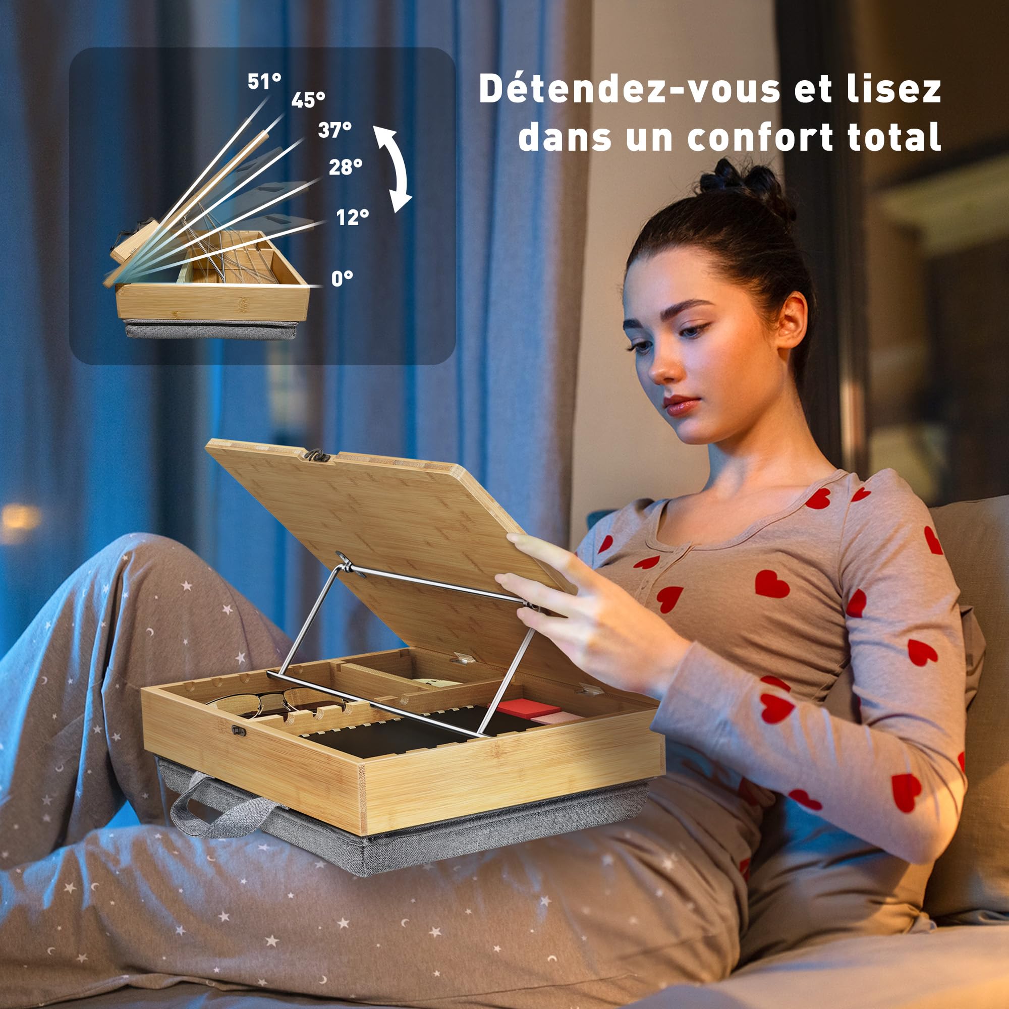 Bibliothèque AboveTEK avec rangement, étagère réglable en bambou avec genouillère souple, étagère à recettes, étagère de lecture mains libres pour lit, bureau et plan de travail