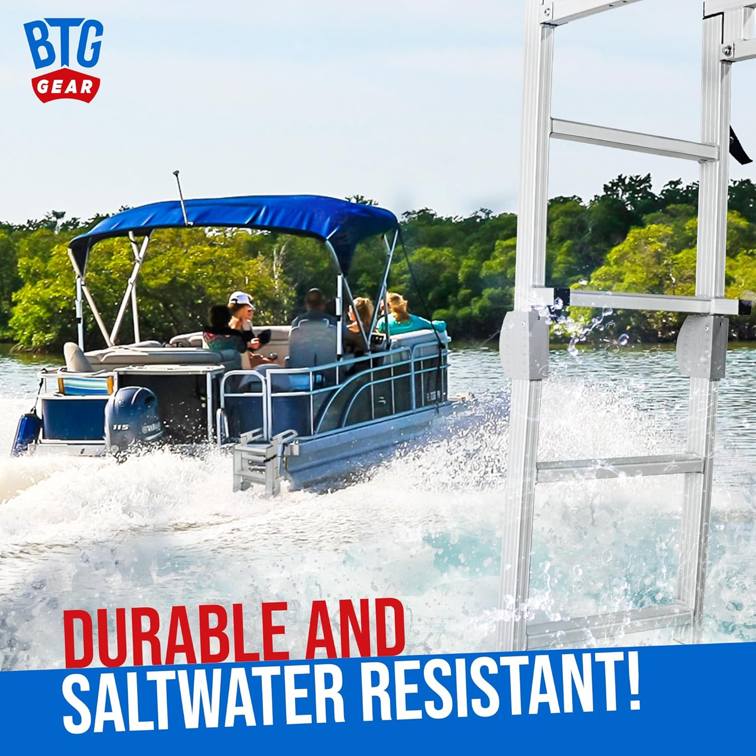 4-Step Marine Grade Aluminum Pontoon Boat Folding Ladder removable, w/ Quick Release Clips for Boarding, extends up to 42"