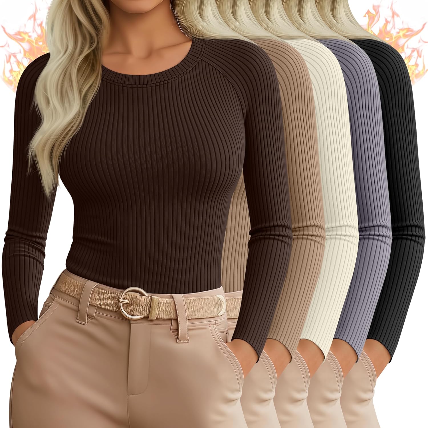 5 Pack Women's Thermal Long Sleeve Shirts Ribbed Knit Cotton Tops Crewneck Warm Base Layer Fitted Undershirts