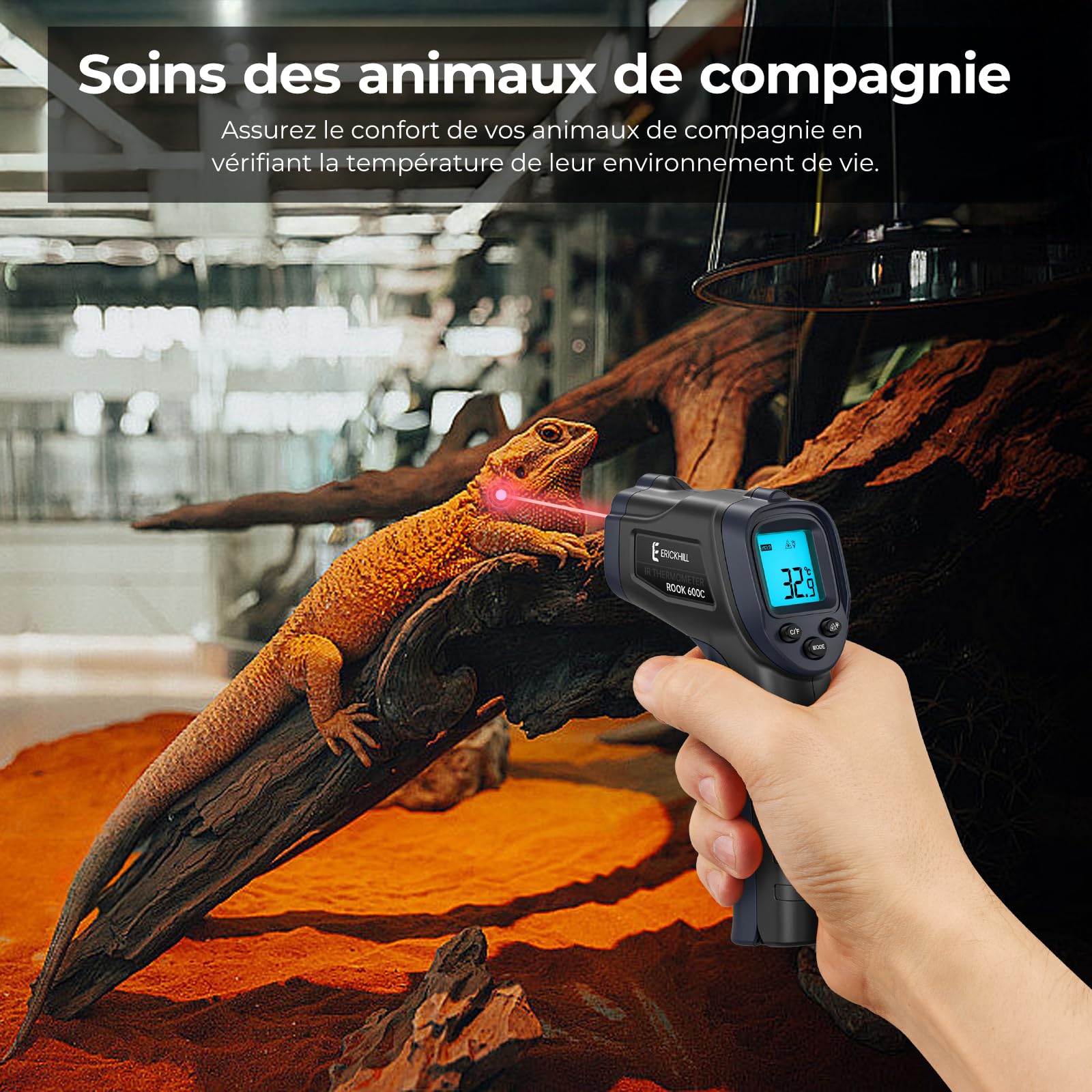 ERICKHILL Thermomètre infrarouge -50 ℃ ~ 600 ℃ Taille compacte Thermomètre laser sans contact Pistolet Écran LCD rétroéclairé Émissivité réglable - pour réparation de véhicules/cuisine/alimentation