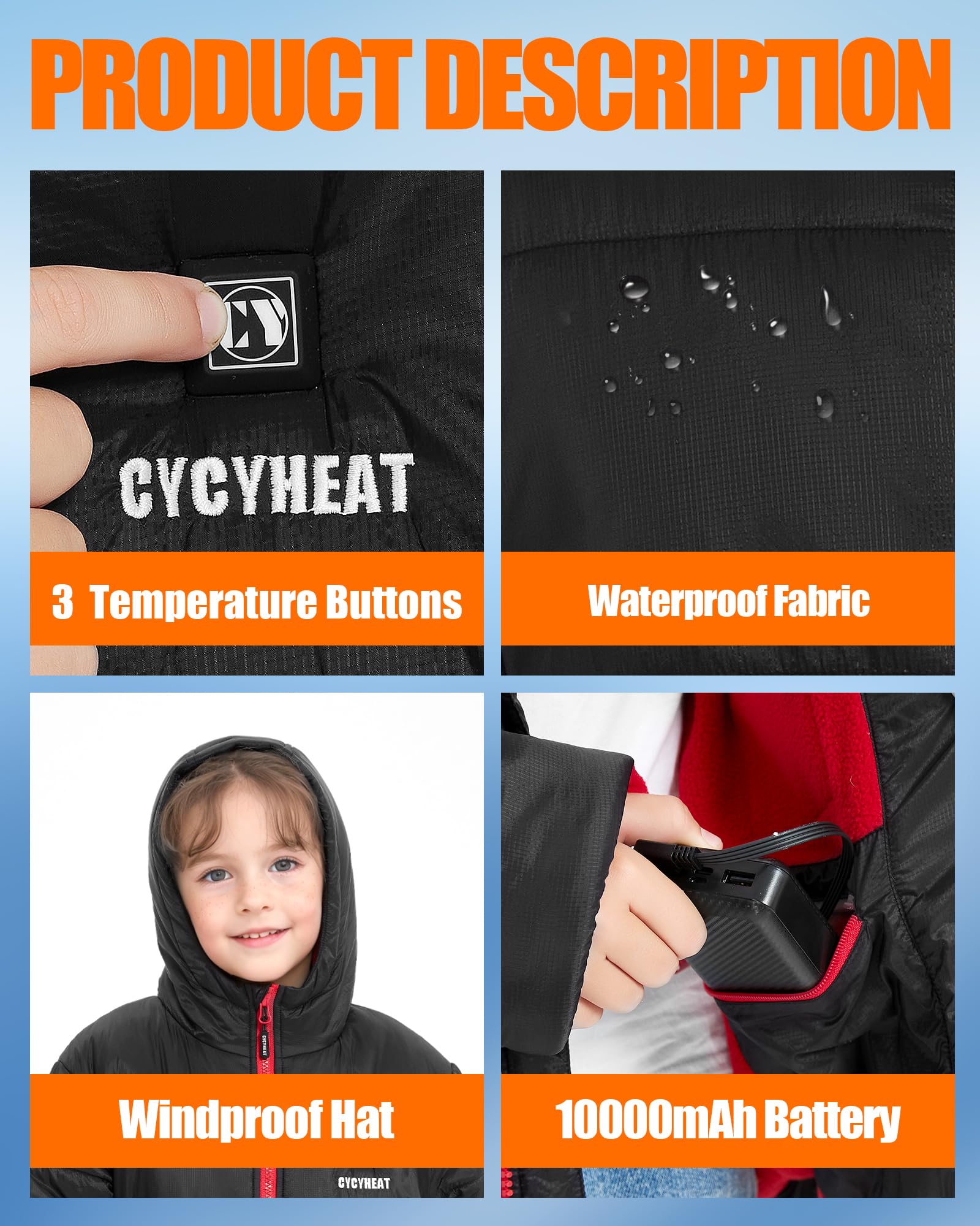CYCYHEAT Chaqueta térmica para niños y niñas, chaqueta térmica con capucha, calentador de cuerpo con batería, ropa térmica para esquí