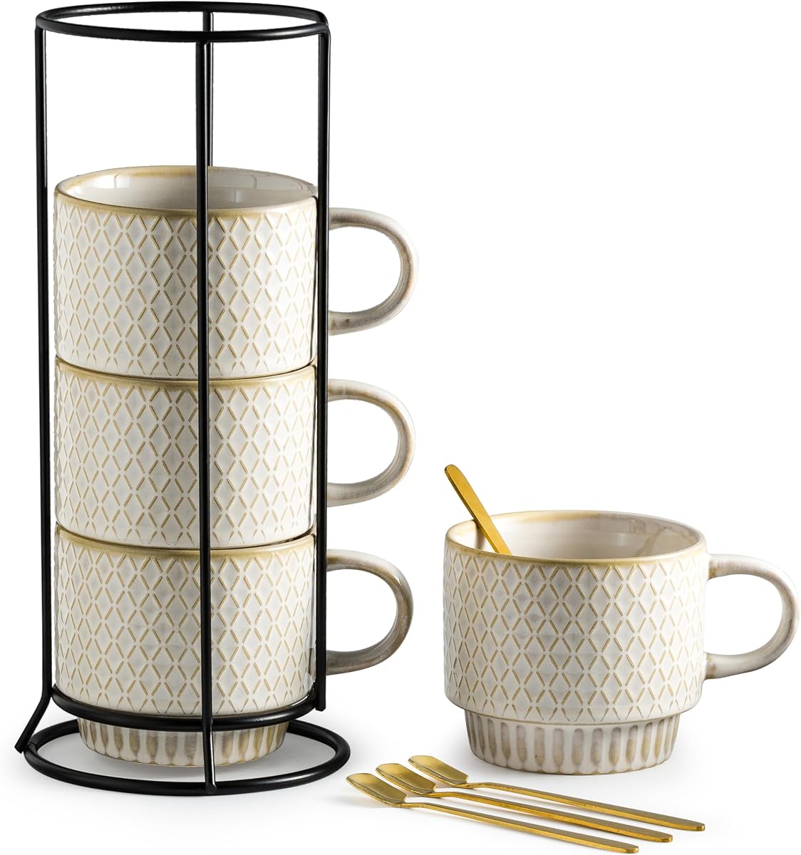 Coffee Mugs Set of 4 Ceramic Coffee Cup with Stand, Creamy White | 13oz Stackable, Embossed Grid Mugs, Black Metal Rack, Lead-Free Dishwasher Safe, with Gold Spoons for Home Coffee Bar