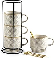 Vista 7 de Gomakren Juego de Tazas de Café de 4 Piezas, Juego de Tazas de Café Apilables de 13 Onzas con Soporte, Taza de Café Navideña de Gres con Cuchara Gris