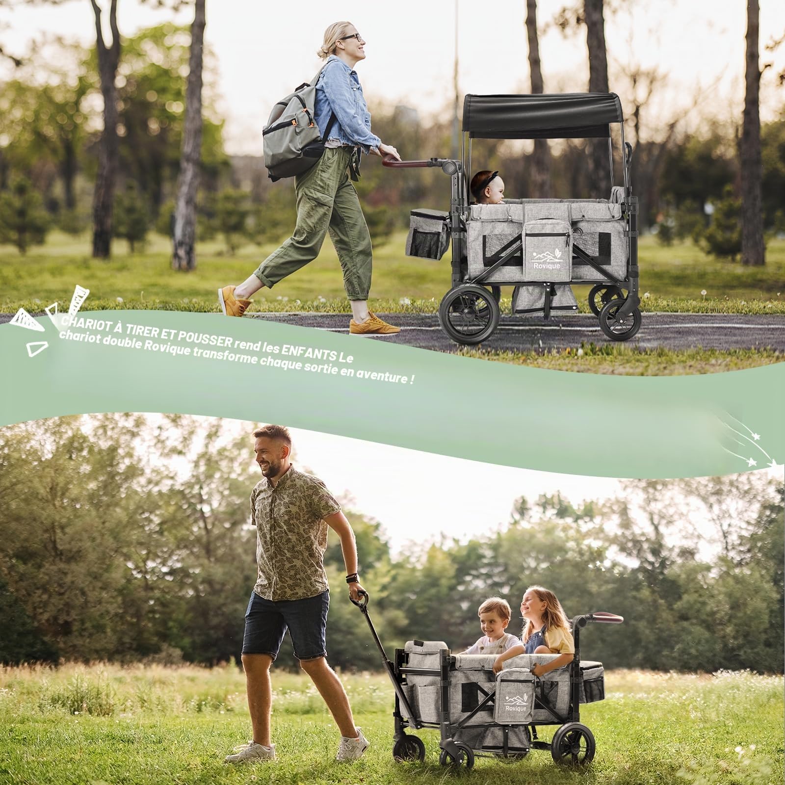 Chariot pliable avec toit, chariot de qualité supérieure pour 2 enfants, poussette double avec toit, plateau à collations, ceinture à 5 points, roues en polyuréthane pour tout-terrain, chariot de