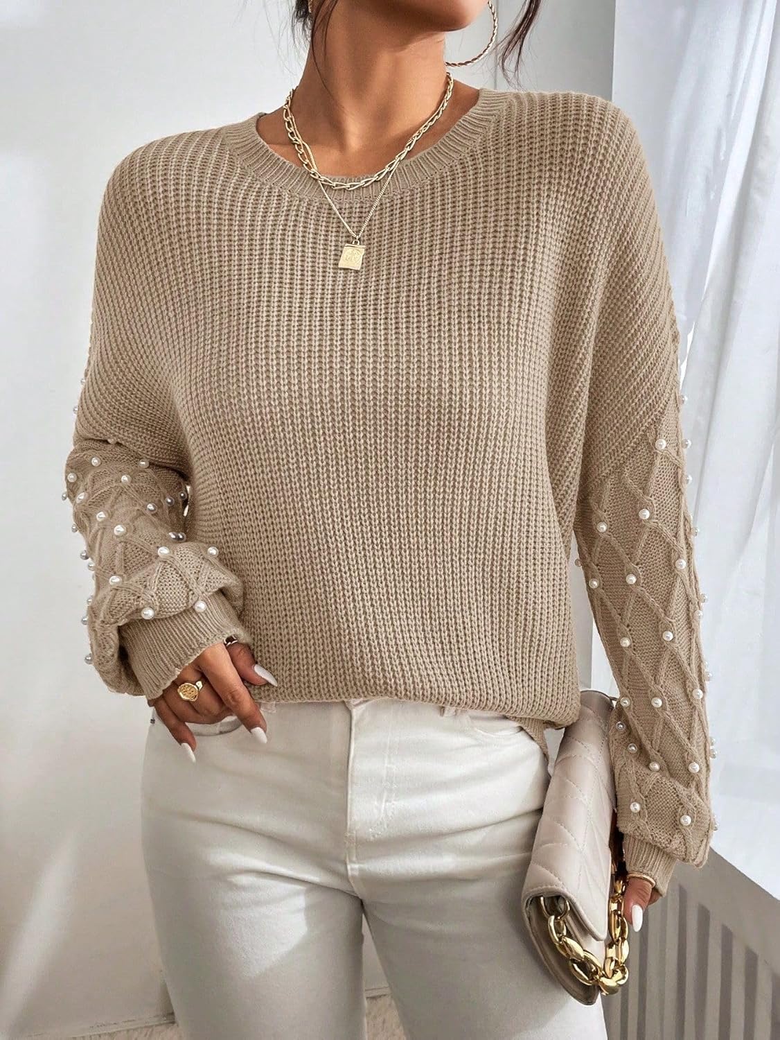 SISKIN Women Oversized Sweater 2025, Crew Neck Pearl - Embellished Cable Knit Sleeve Elegant Casual Sweater - Image 7