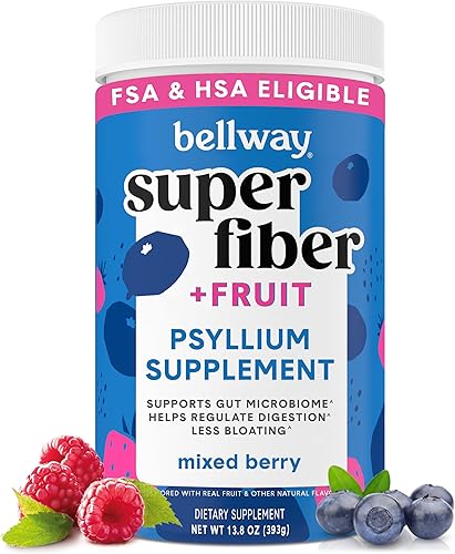 Bellway Polvo súper fibra + fruta (paquete de 3), suplemento de fibra de cáscara de psyllium sin azúcar, bayas mixtas (38.4 onzas)