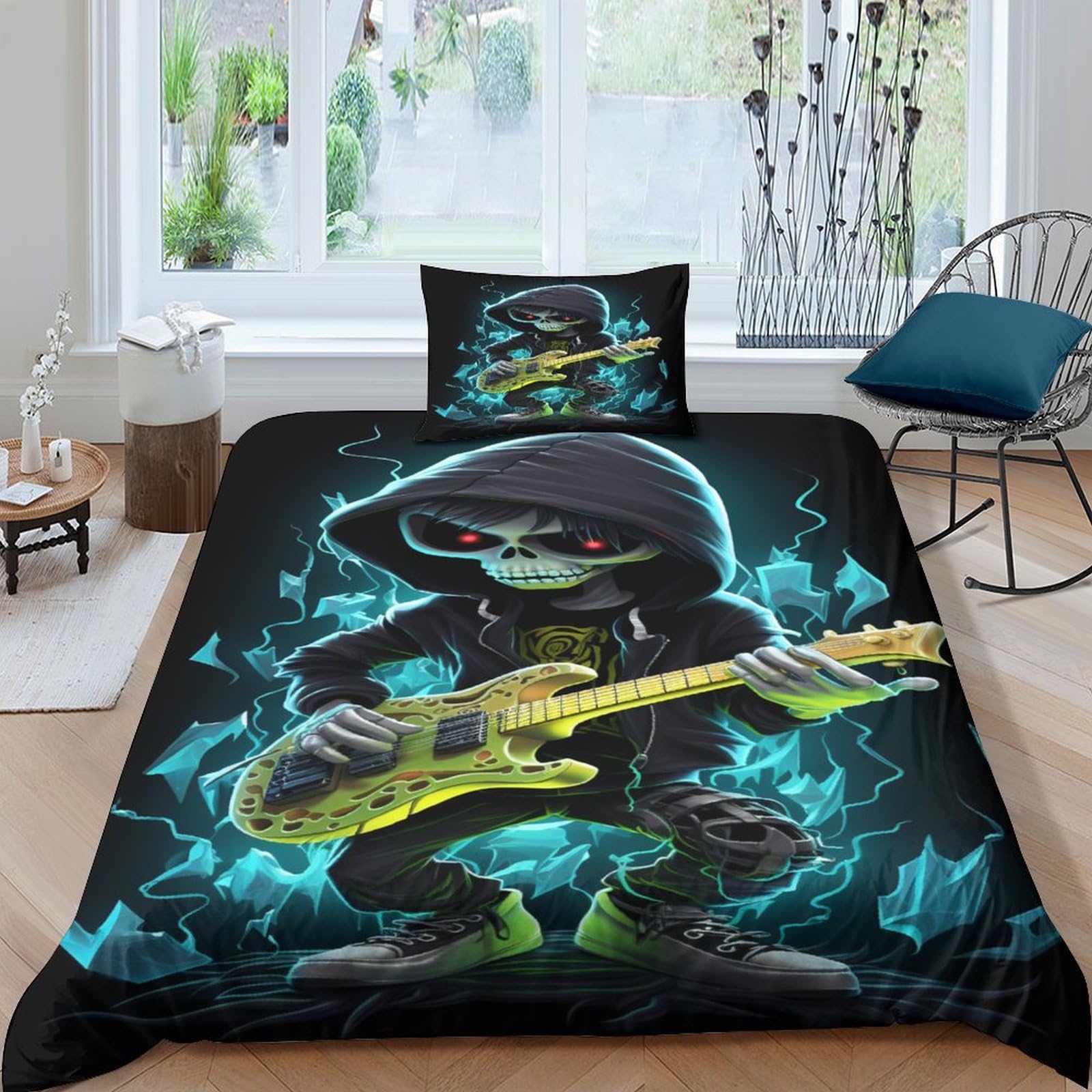 Housse de couette tête de mort flamme bleue 135x200 cm avec 2 taies