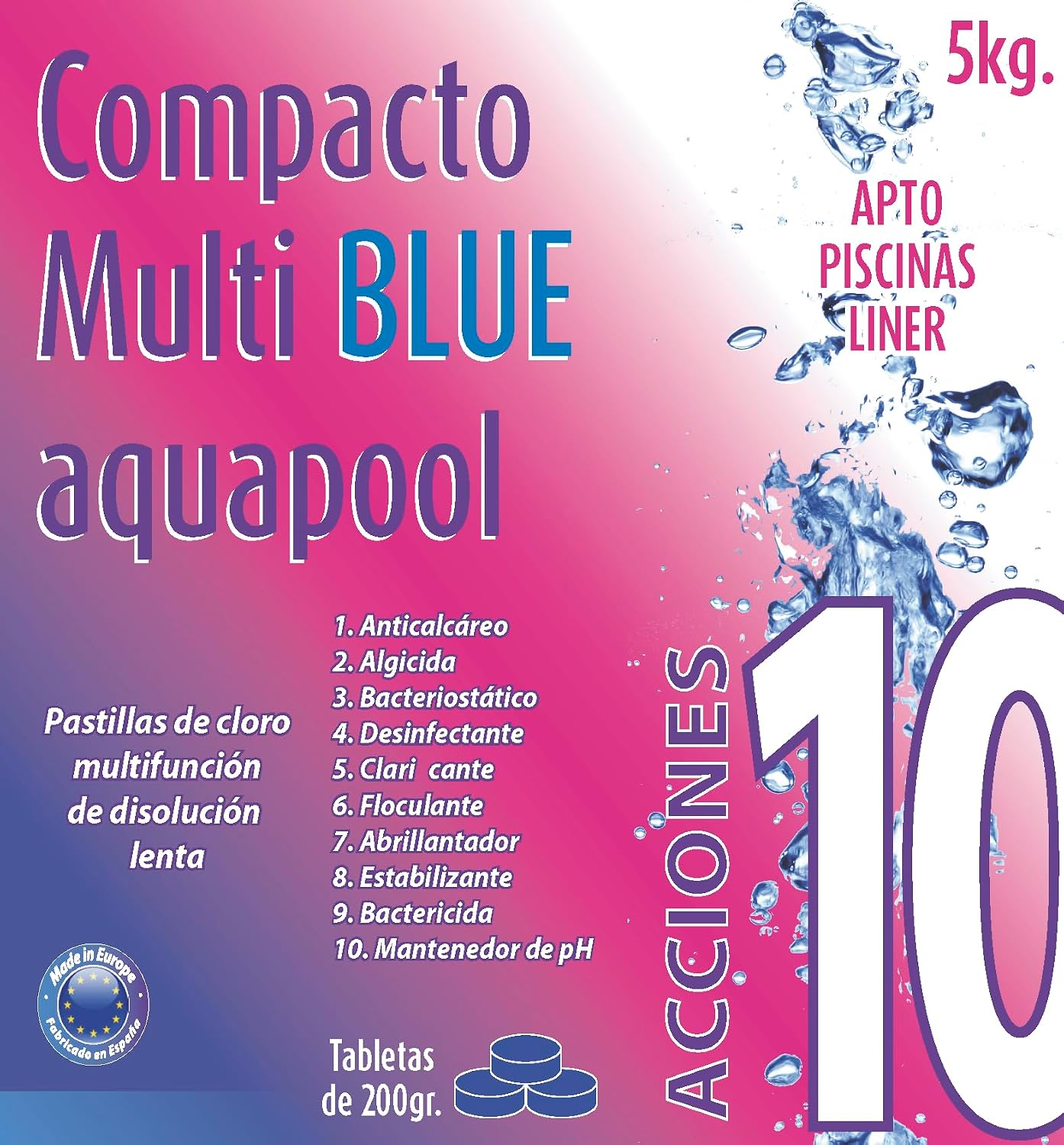 Compacto 10 ACCIONES AQUAPOOL (200 GR) - Pastillas de Cloro multifunción - Disolución Lent - Analyse des détails et conception