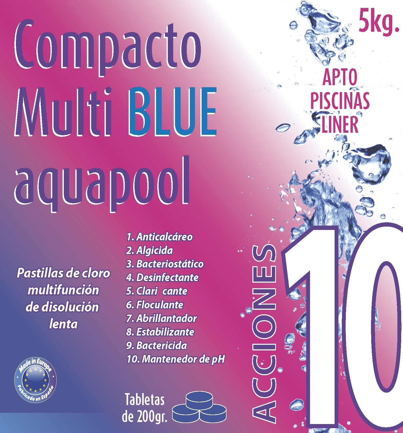 Compacto 10 ACCIONES AQUAPOOL (200 GR) - Pastillas de Cloro multifunción - Disolución Lenta - Apto Piscinas Liner (5 KG) — view 2