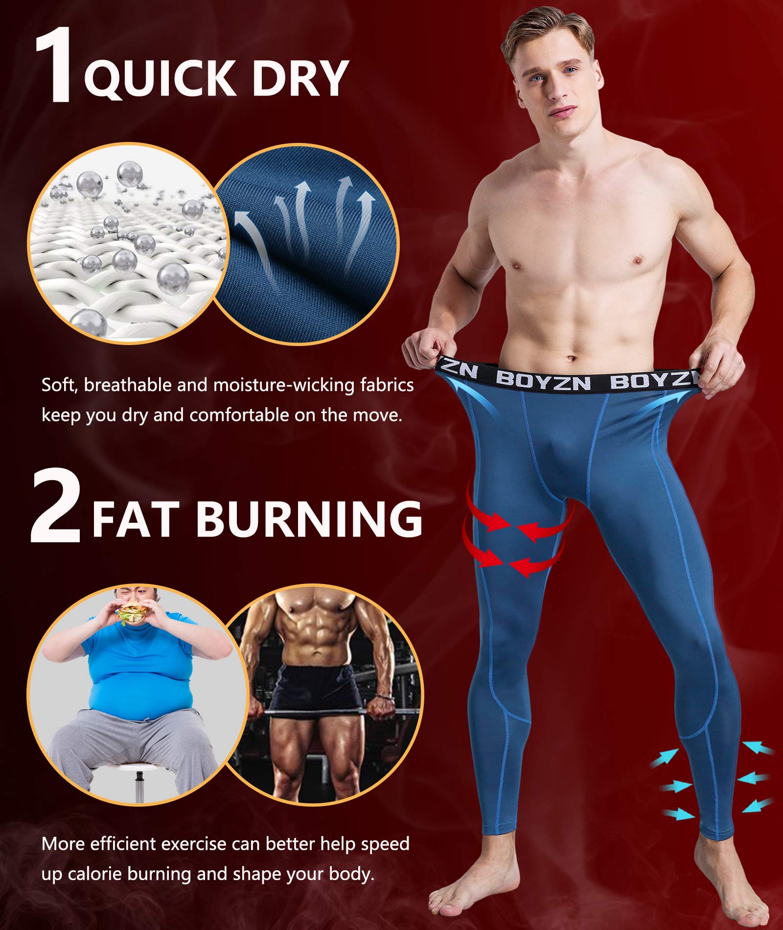 Boyzn Lot de 2 pantalons de compression pour homme à séchage rapide avec poches