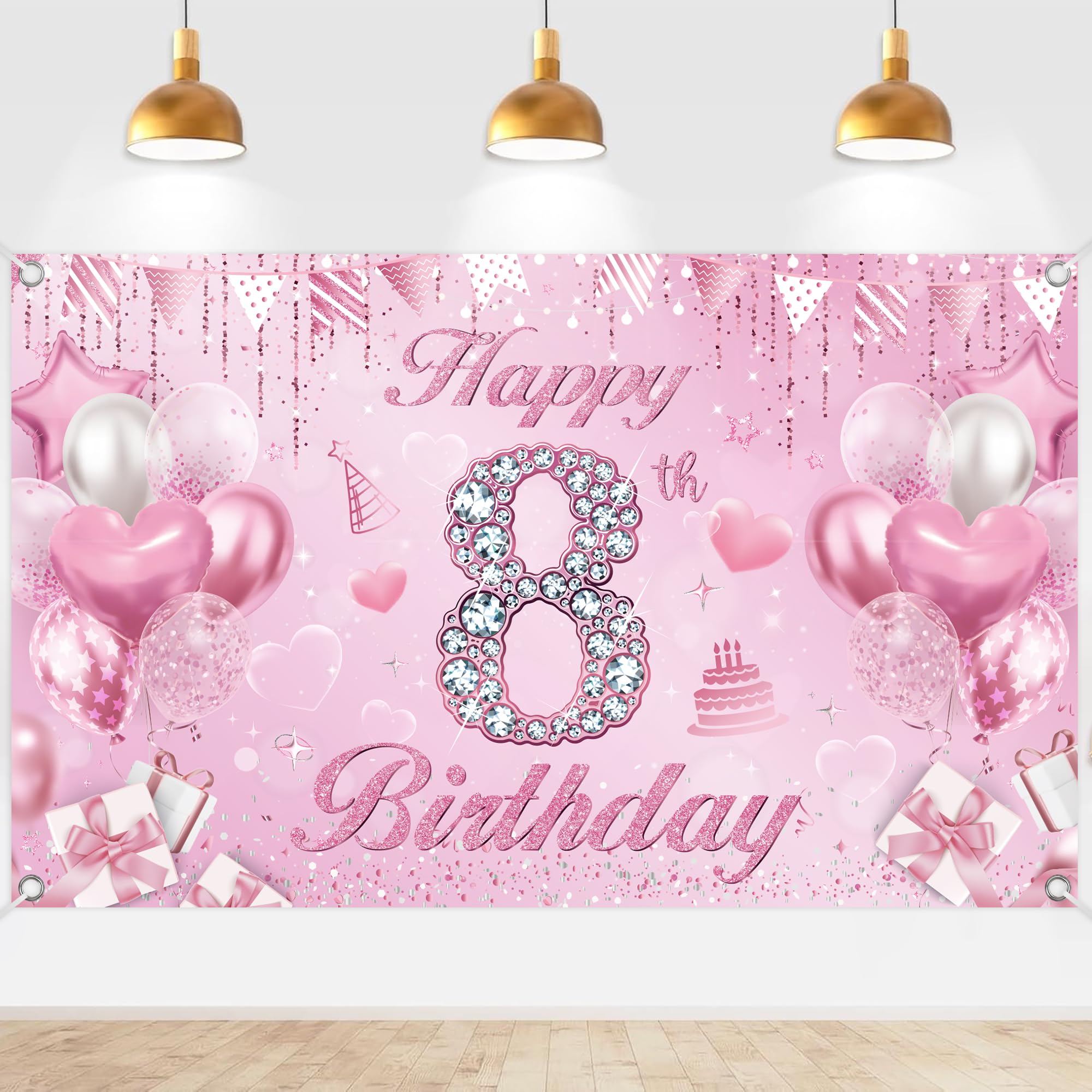 8th Birthday Decorations Banner for Girls, Pink Glitter Birthday Backdrop Banner 180x80cm, Princess Party Background for 8 Year Old Girl Birthday Party