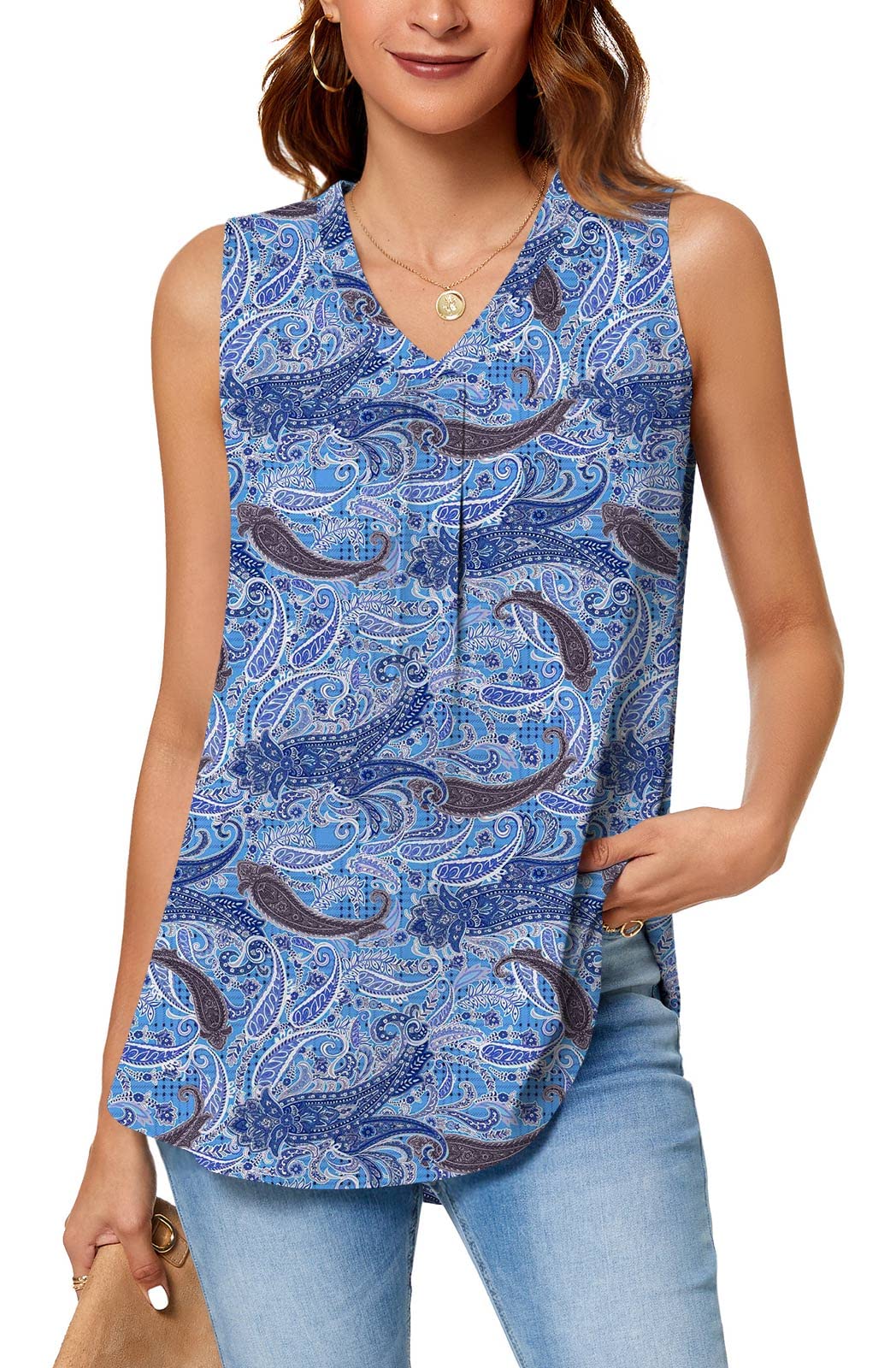 (Size M) Aodemo Women's 2023 Summer Casual Pleated Tank Chiffon Blouse Sleeveless Tunic Tops Loose Shirt for Leggings