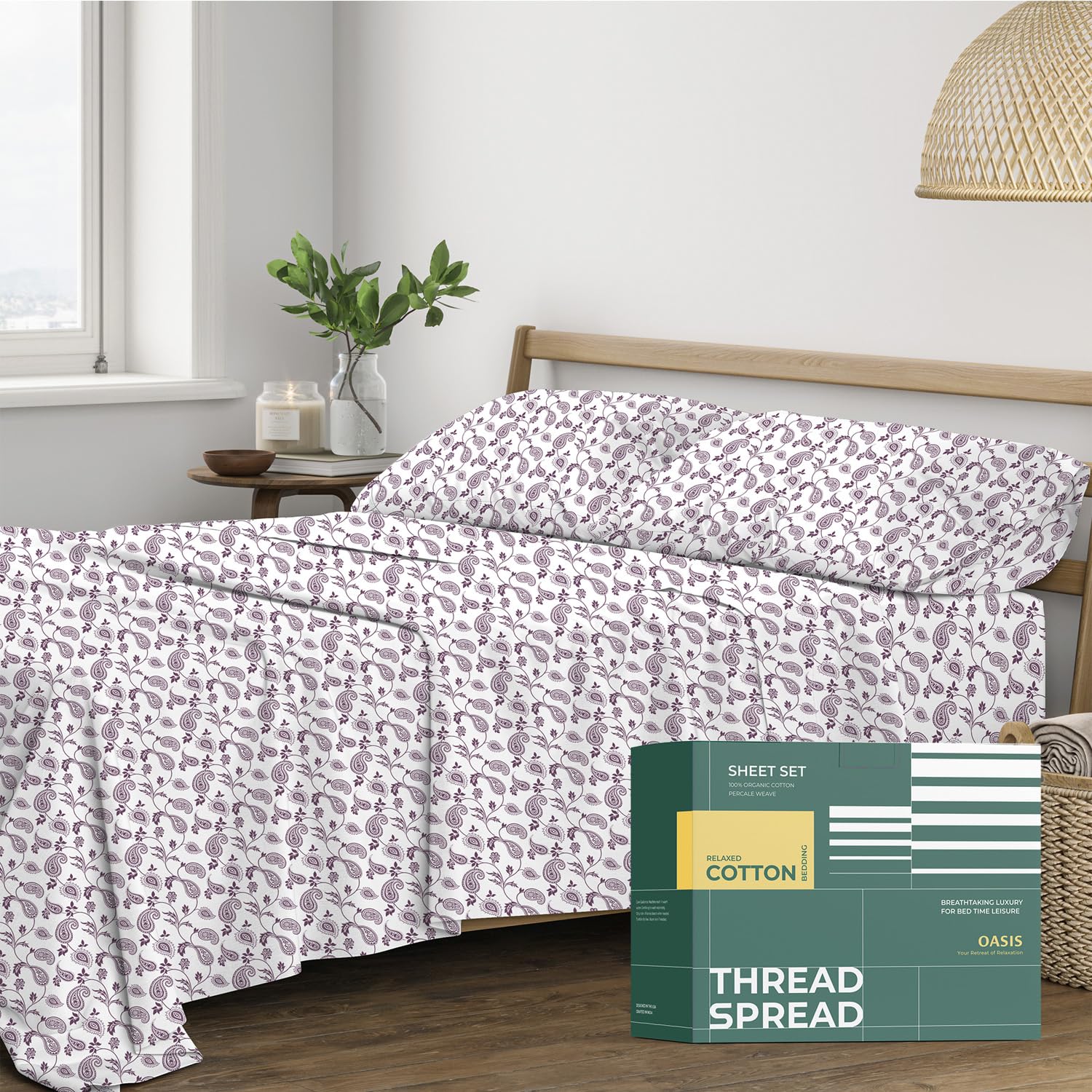 Photo 1 of THREAD SPREAD 100% Organic Cotton Sheets Queen Size - Organic Cotton Percale Weave Sheet Set (4 PC, Paisley), Soft, Cooling, Crisp & Breathable, 16" Deep Pocket Hotel Quality Bedding Set