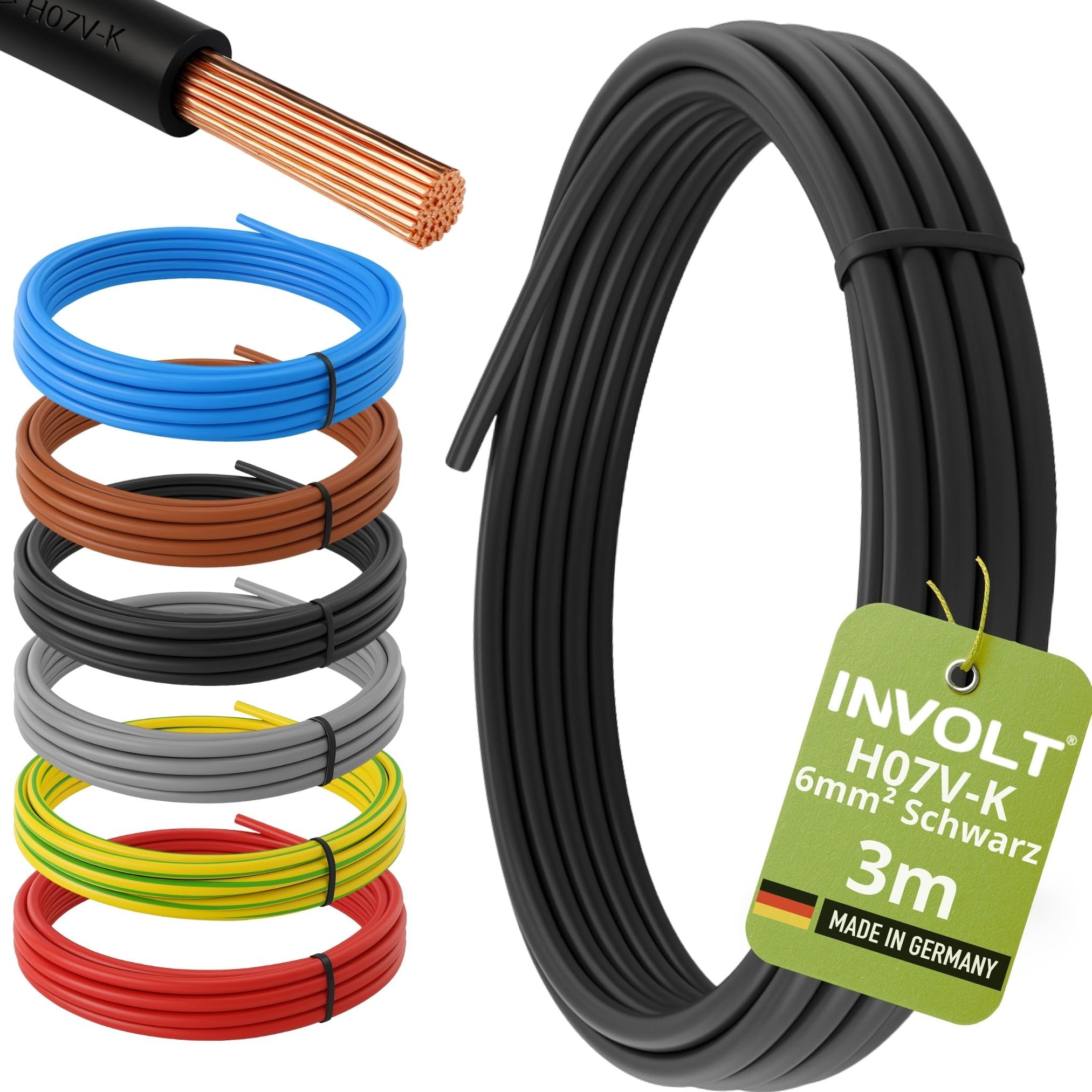H07V-K 3M 6mm ² Black Single Core Cable Flexible Wiring Line PVC Metre, Made IN Germany